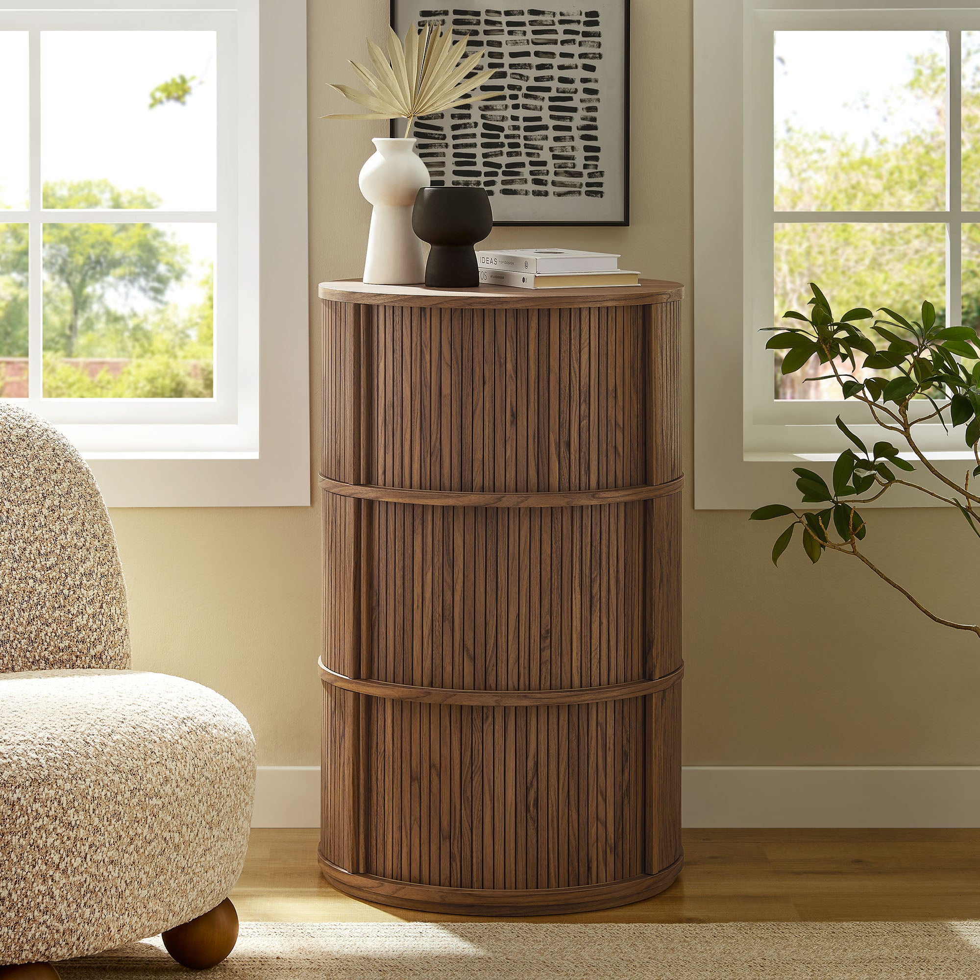 Clement Round Pedestal Stand Storage Table With Sliding Tambour Doors, Walnut