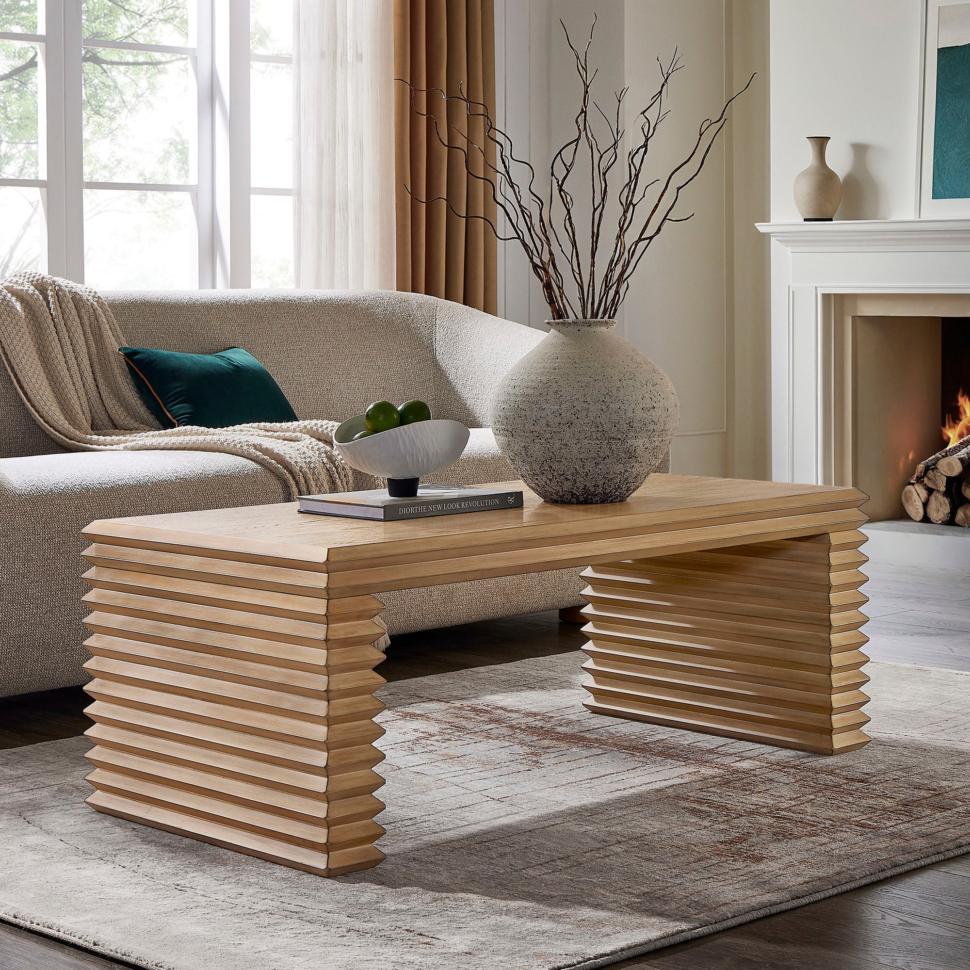 Canto Rectangular Stacked Design Coffee Table, Weathered Oak