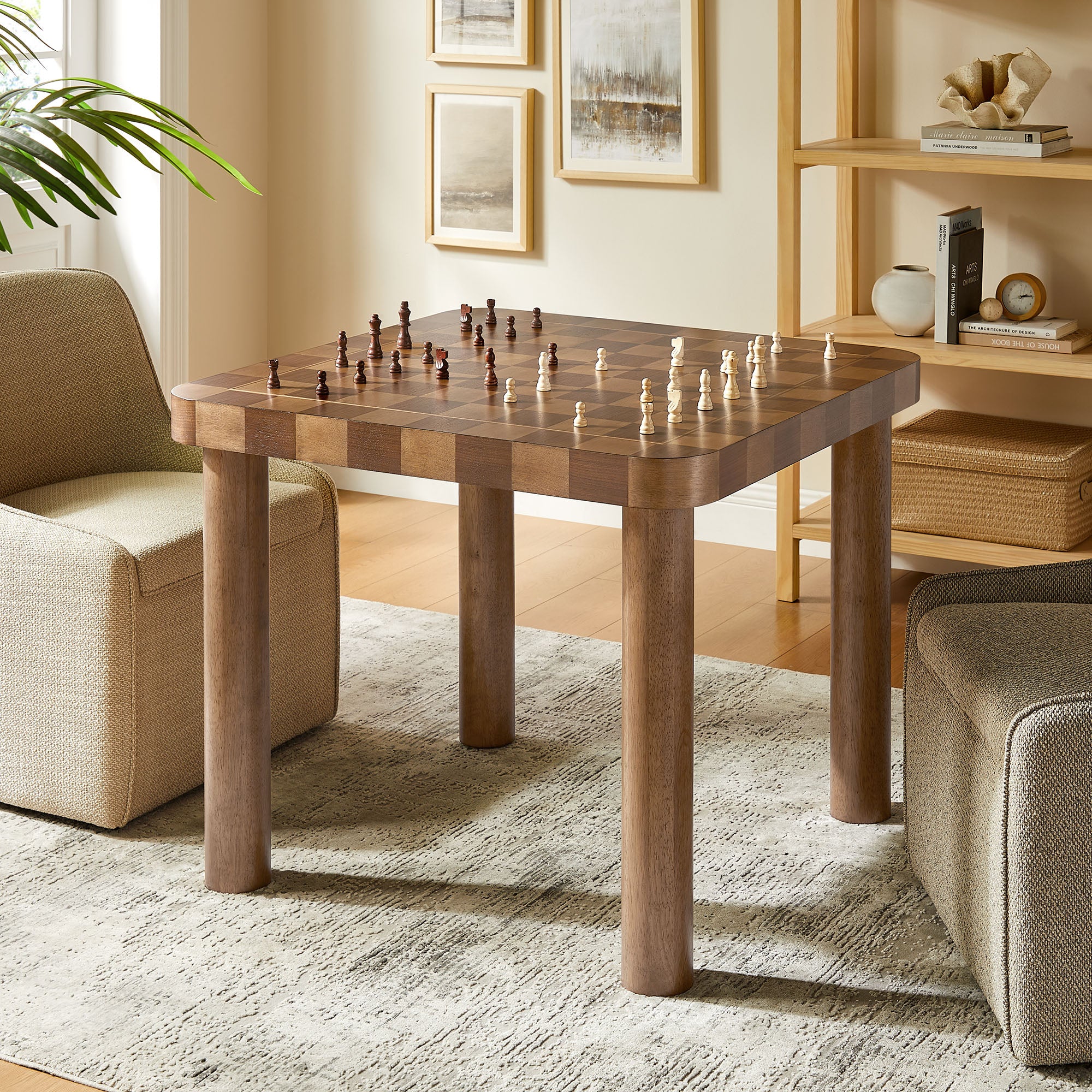 Oscar 36 Inch Square Checkered Dining Table, Walnut and Dark Walnut