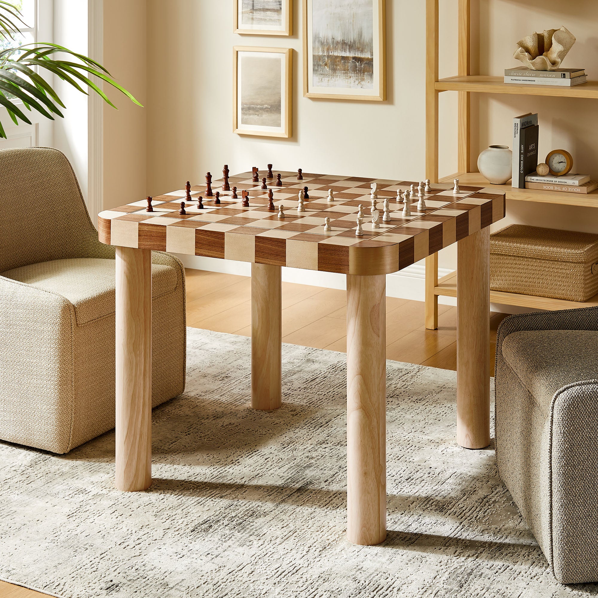 Oscar 36 Inch Square Checkered Dining Table, Oak and Walnut