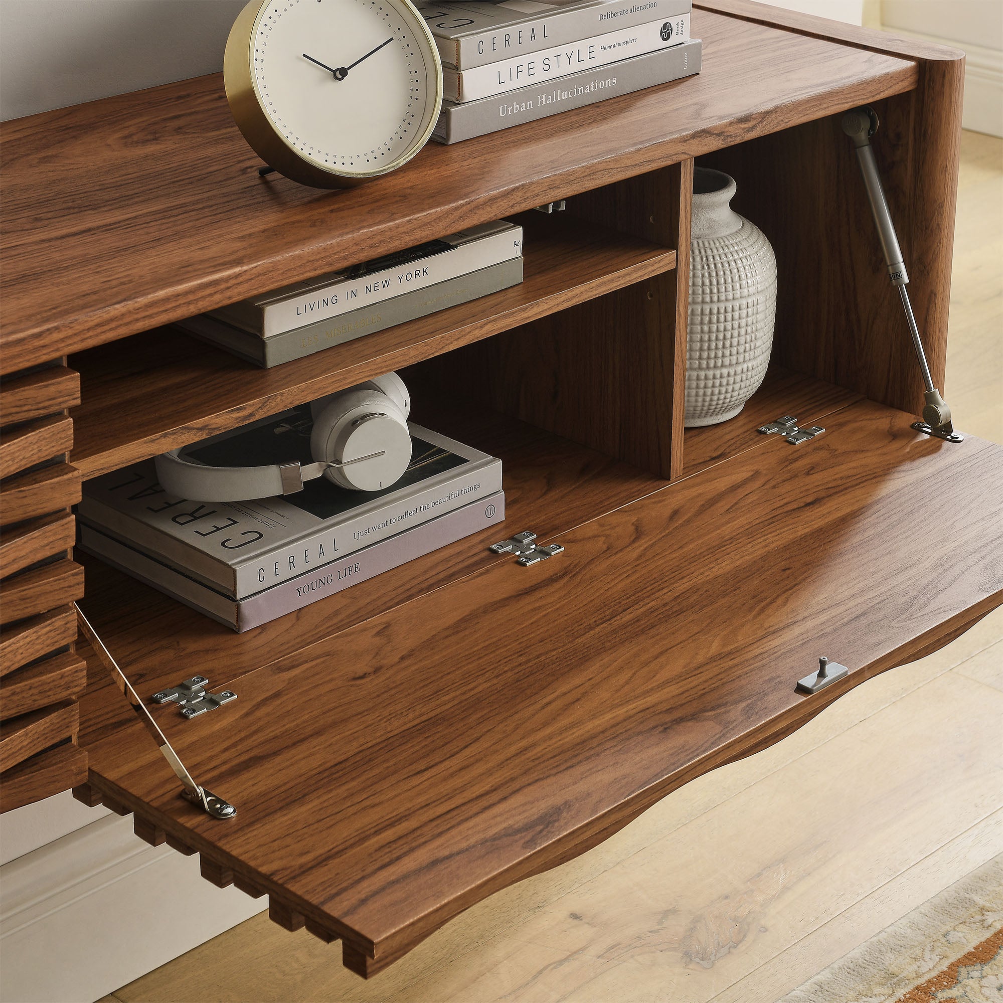 Emric Wave 71" Wall-Mounted TV Cabinet, Walnut