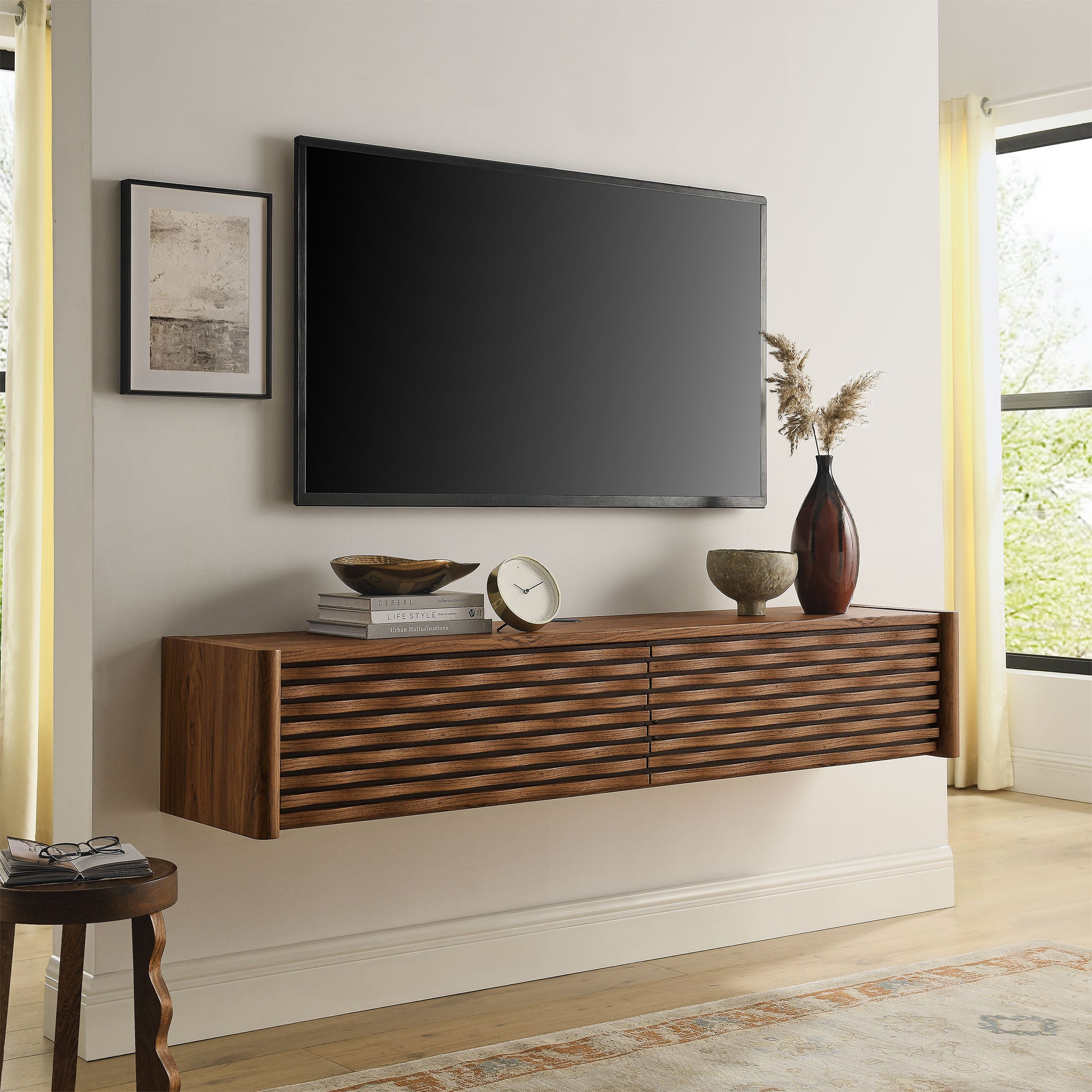 Emric Wave 71" Wall-Mounted TV Cabinet, Walnut
