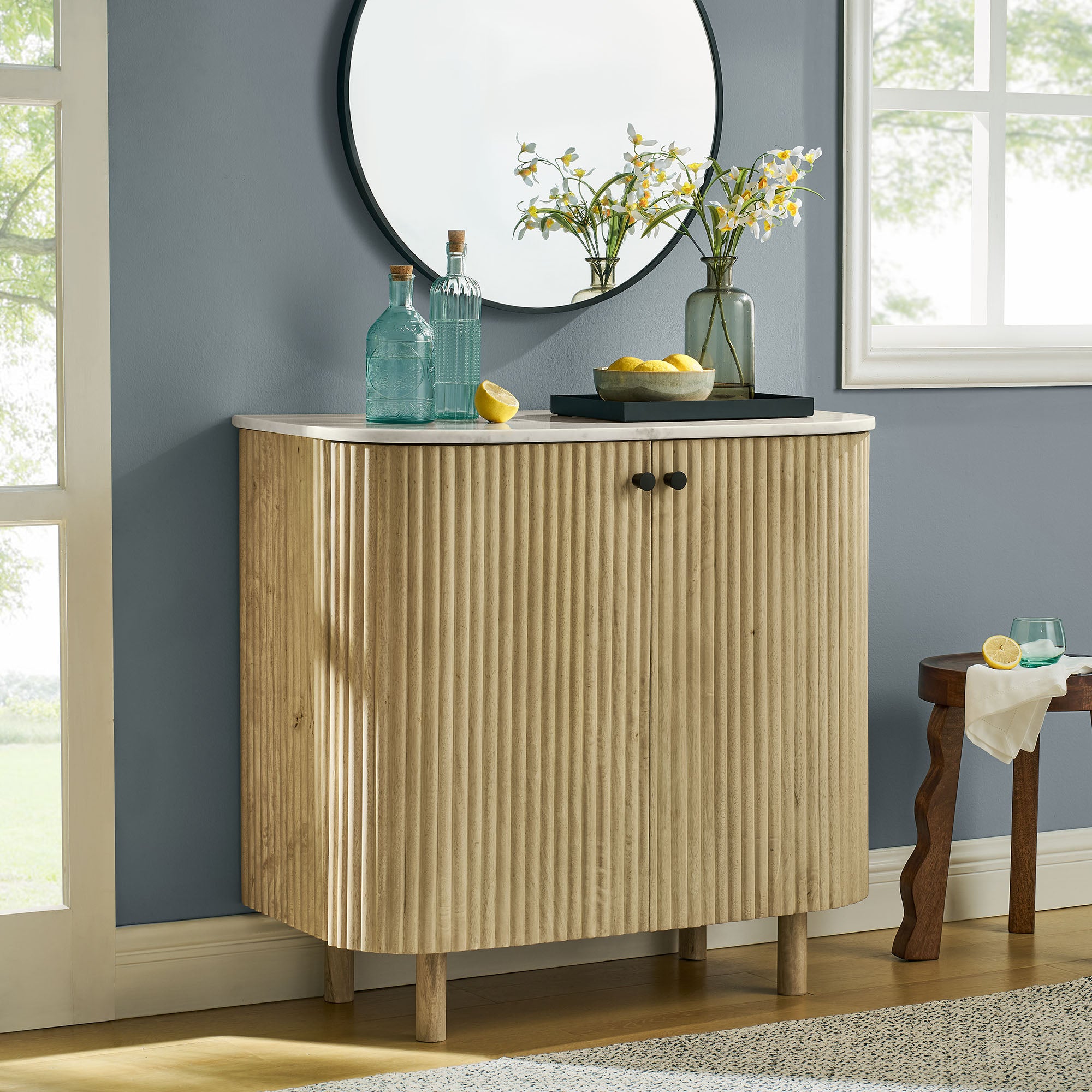 Caldera 33" Curved Solid Wood and Marble Accent Storage Cabinet, Natural