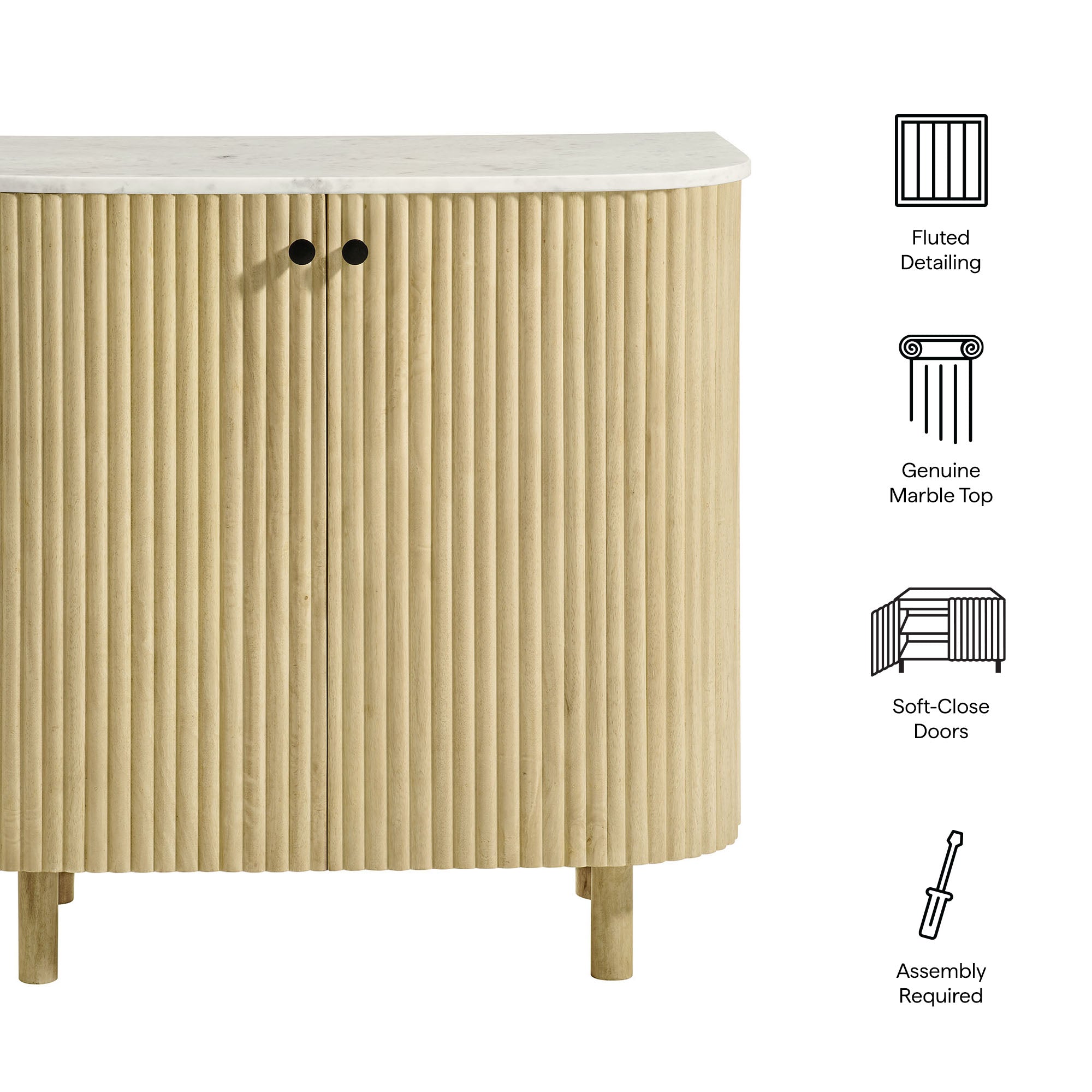Caldera 33" Curved Solid Wood and Marble Accent Storage Cabinet, Natural