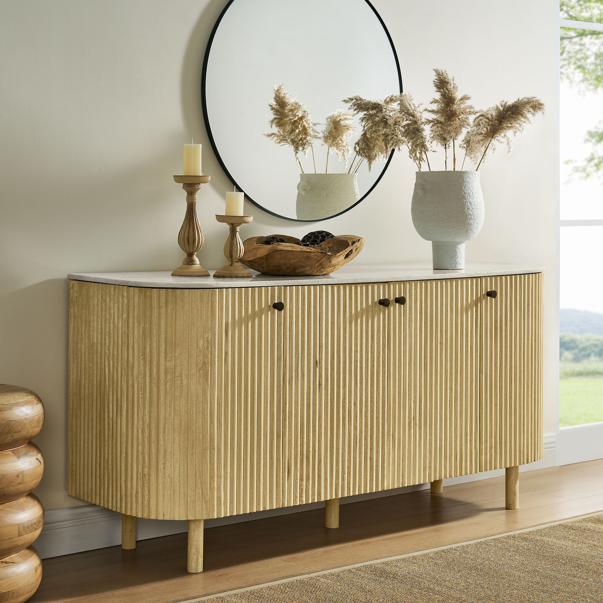 Caldera 60" Curved Solid Wood and Marble Sideboard Storage Cabinet, Natural