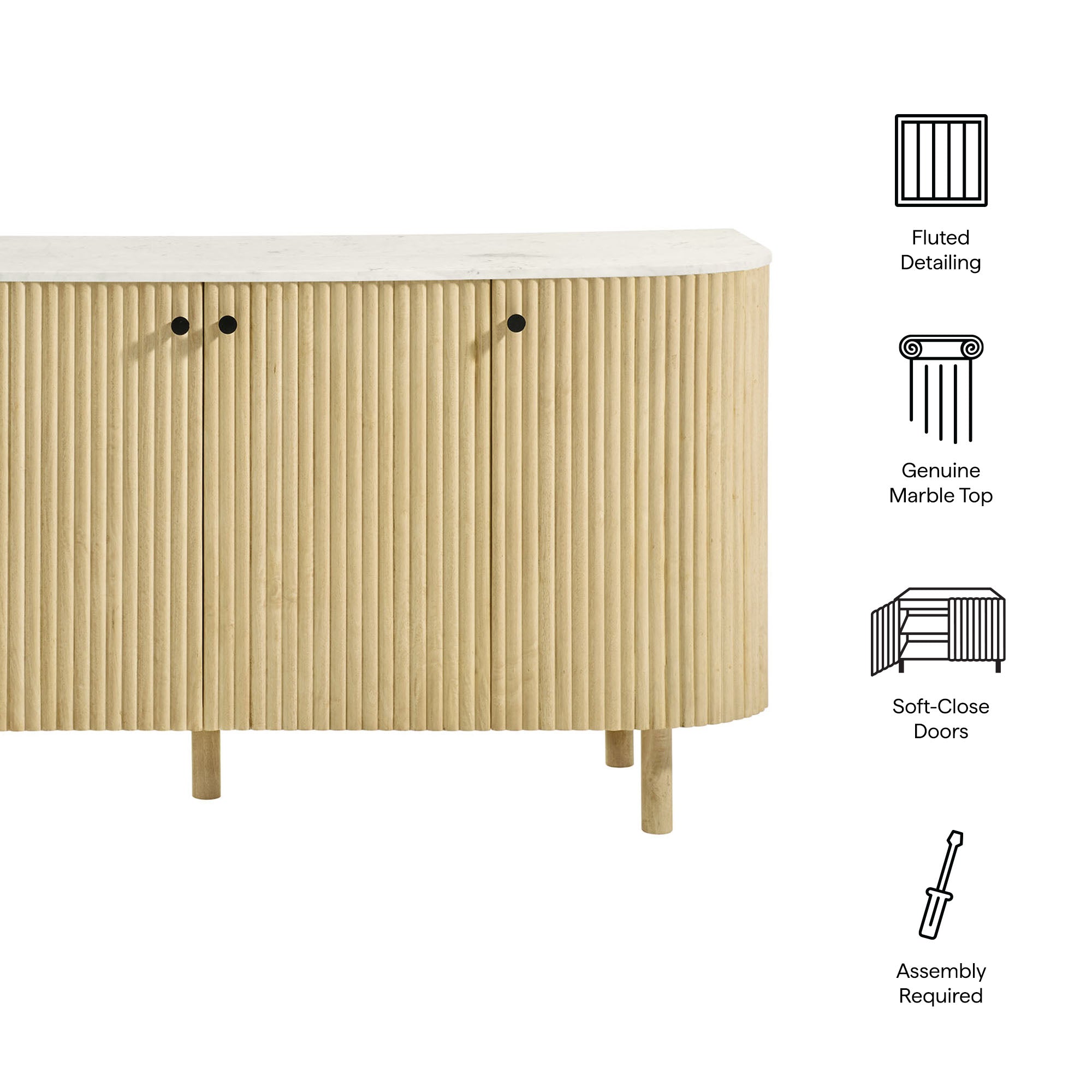Caldera 60" Curved Solid Wood and Marble Sideboard Storage Cabinet, Natural