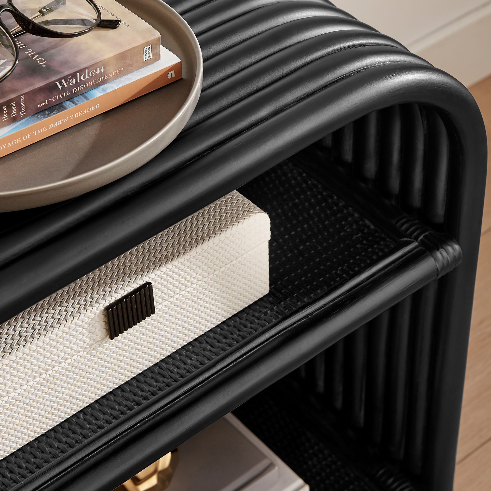 Eve Curved Natural Rattan Side Table, Black