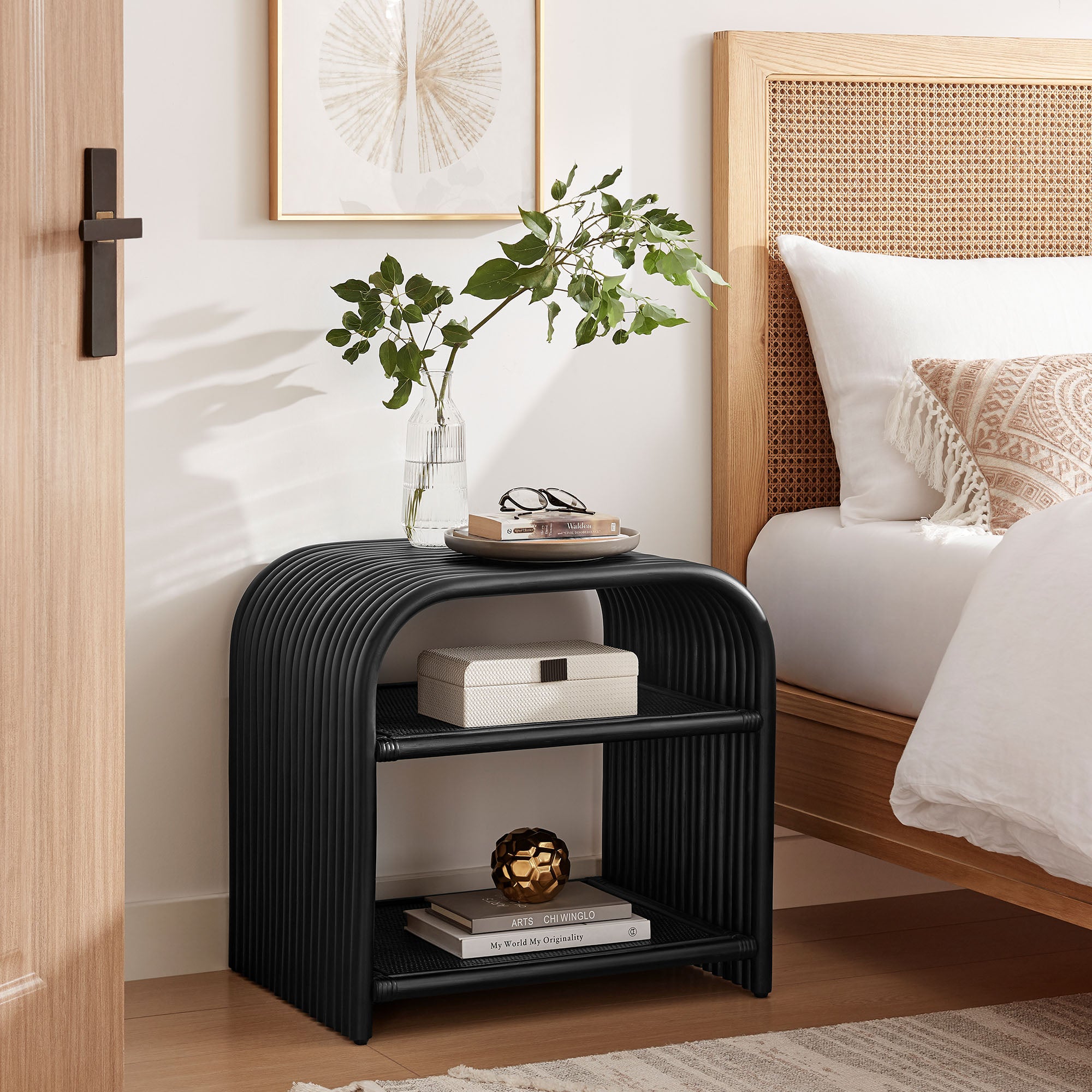 Eve Curved Natural Rattan Side Table, Black