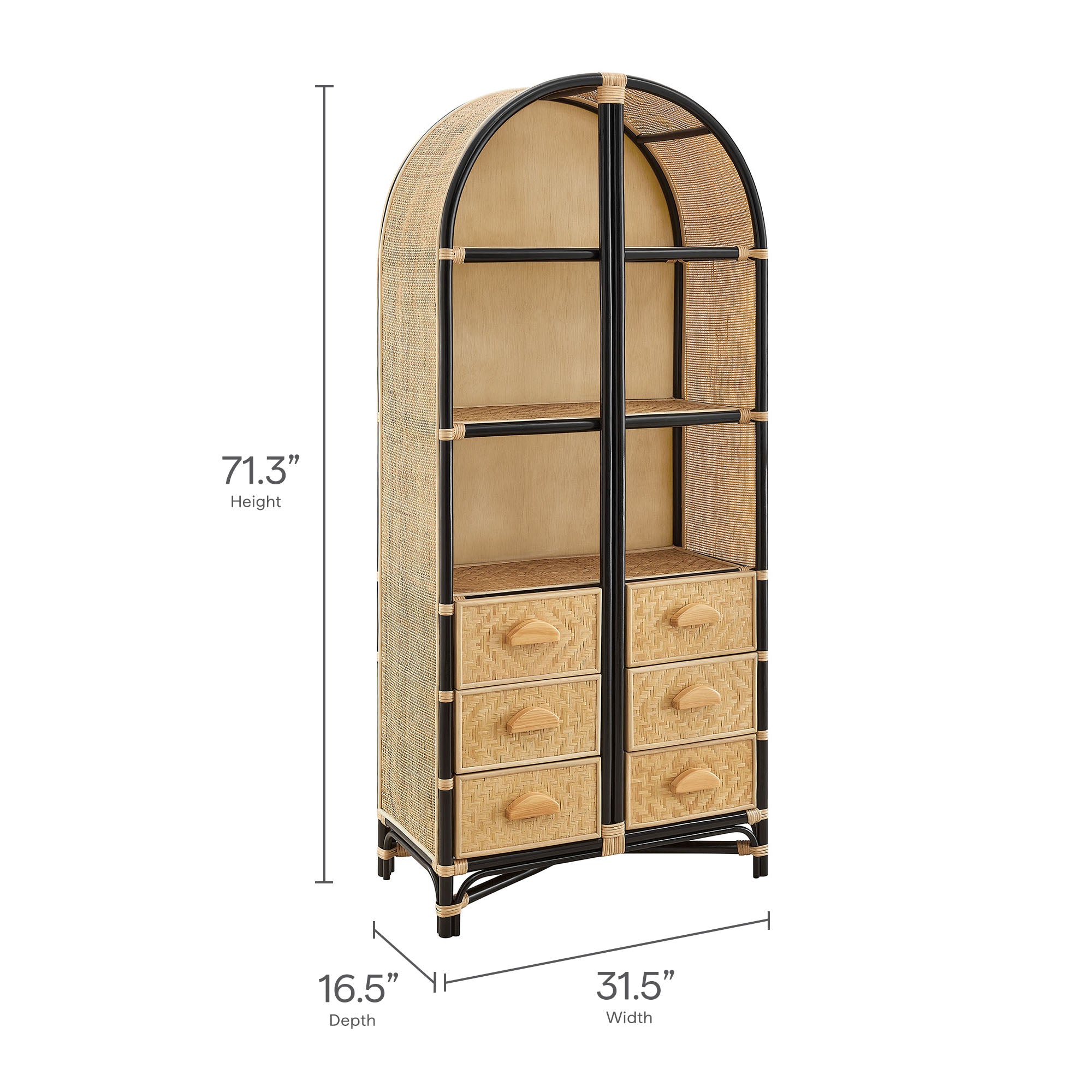 Jane 71 Inch Tall Arched Natural Rattan Bookshelf, Natural Black