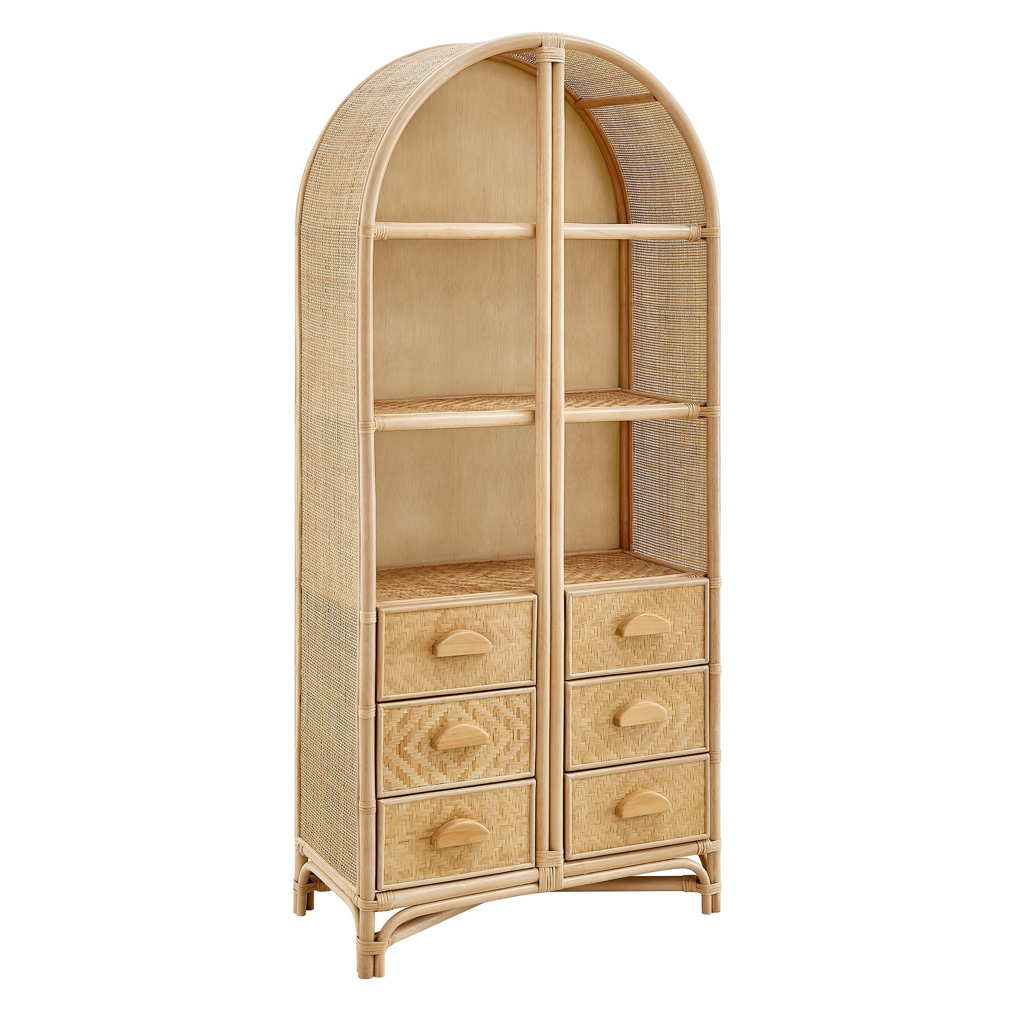 Jane 71 Inch Tall Arched Natural Rattan Bookshelf, Natural