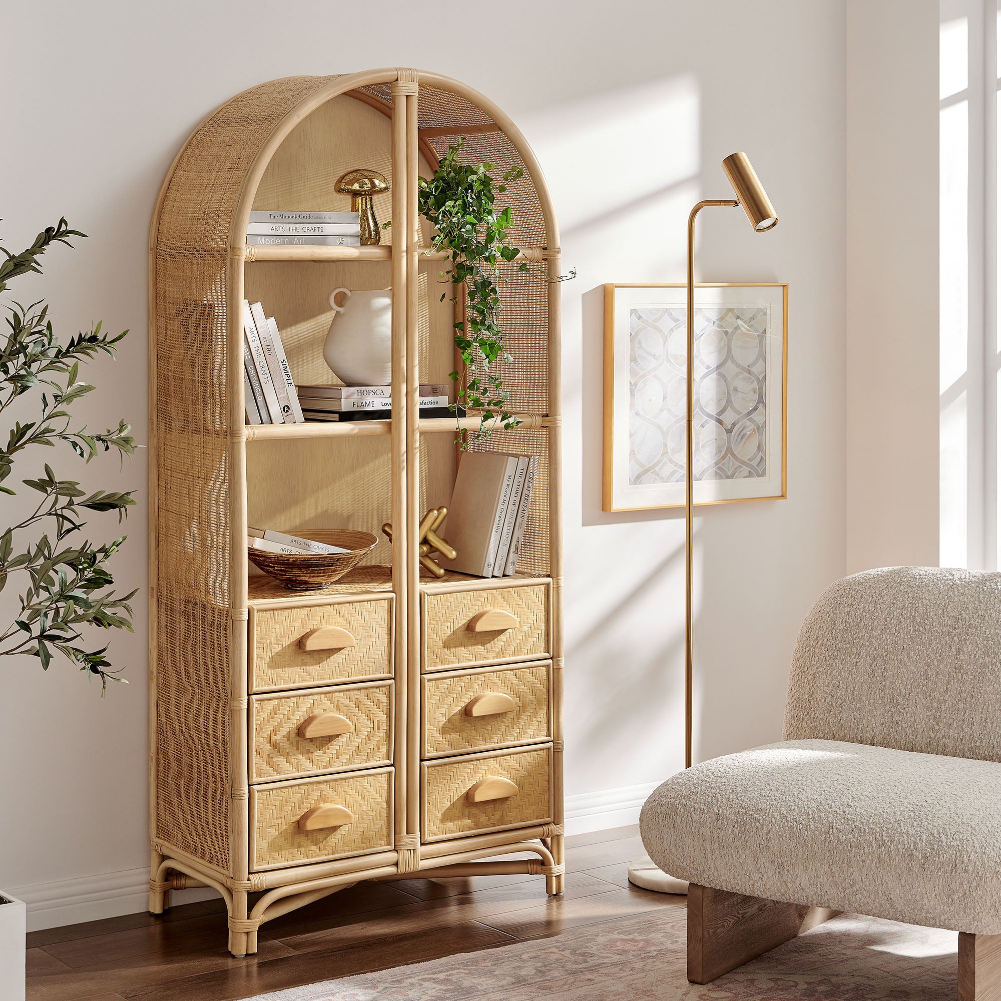 Jane 71 Inch Tall Arched Natural Rattan Bookshelf, Natural