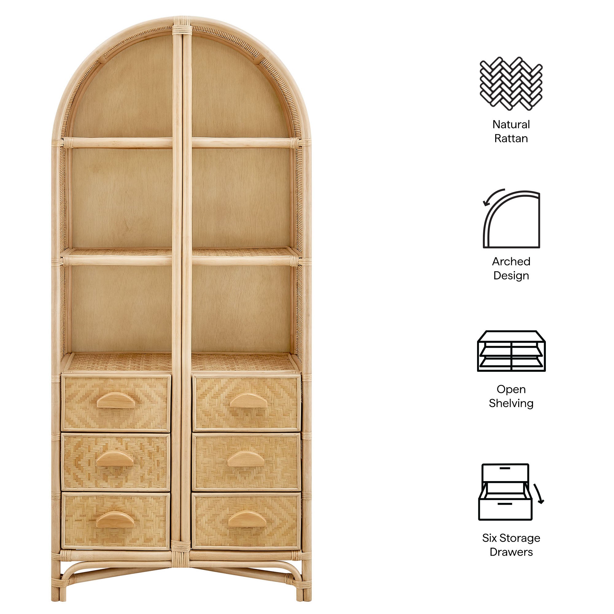 Jane 71 Inch Tall Arched Natural Rattan Bookshelf, Natural