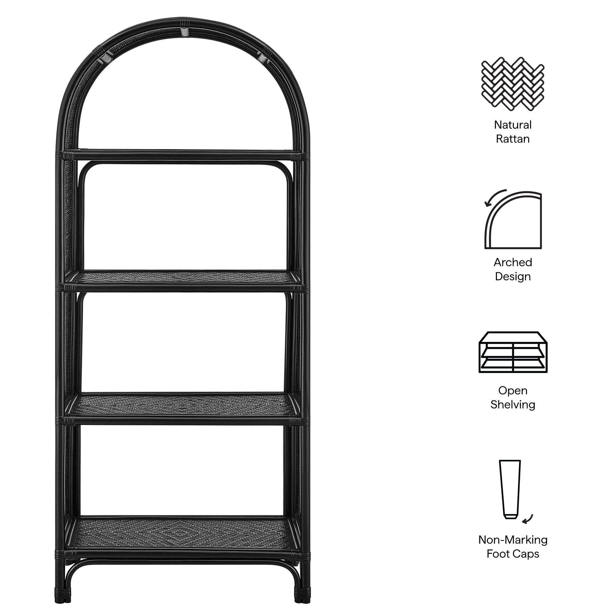 Celeste 67 Inch Tall Arched Natural Rattan Bookshelf, Black