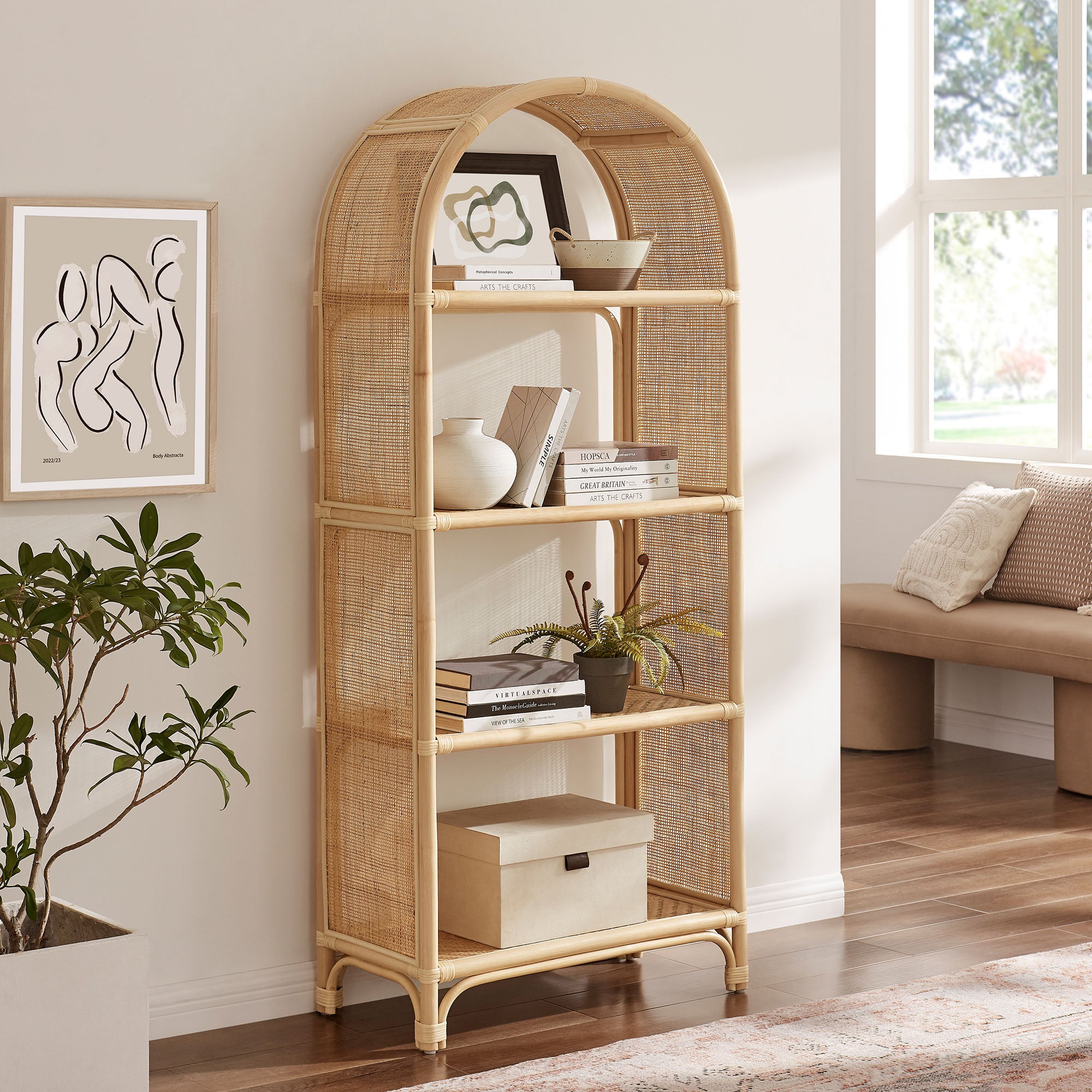 Celeste 67 Inch Tall Arched Natural Rattan Bookshelf, Natural