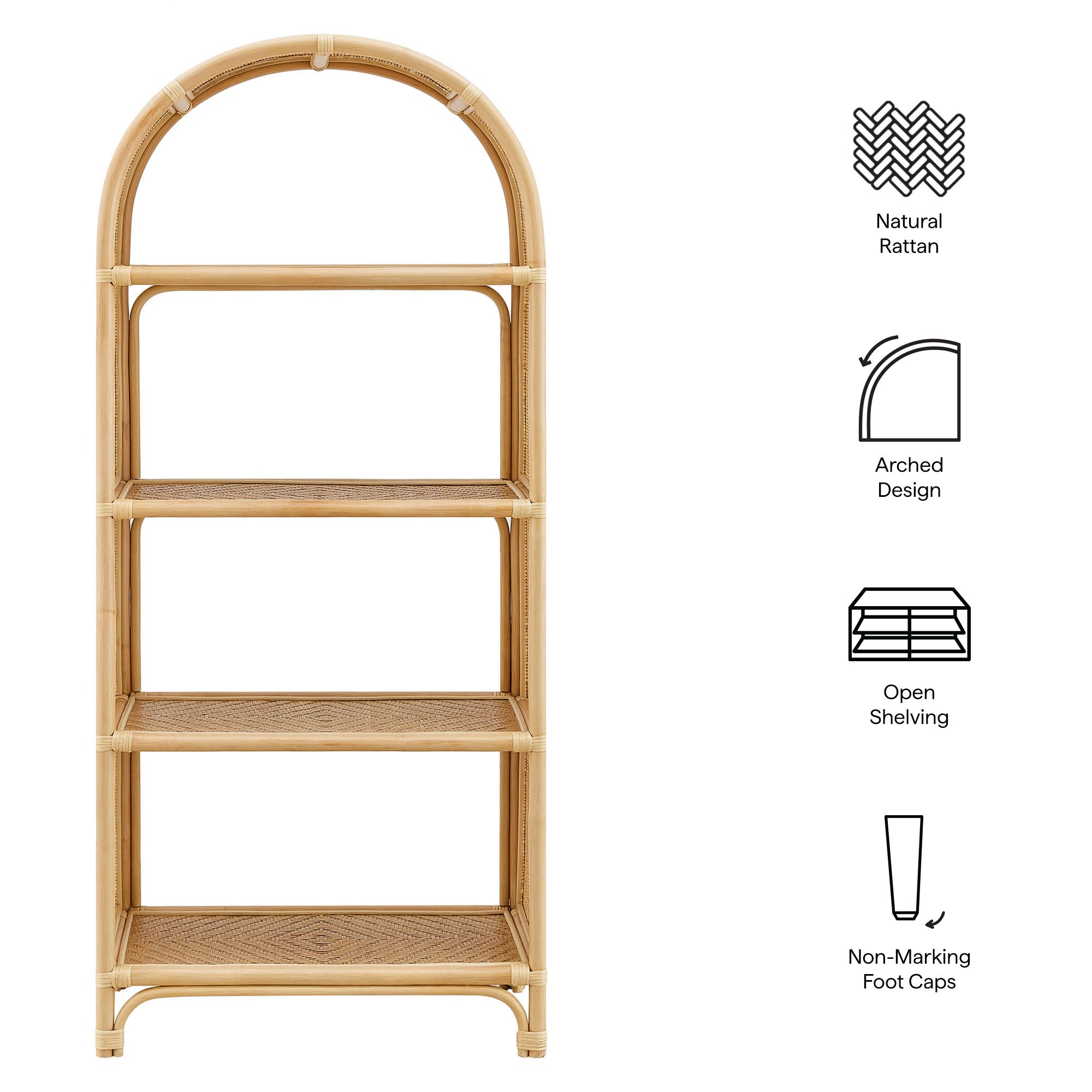 Celeste 67 Inch Tall Arched Natural Rattan Bookshelf, Natural