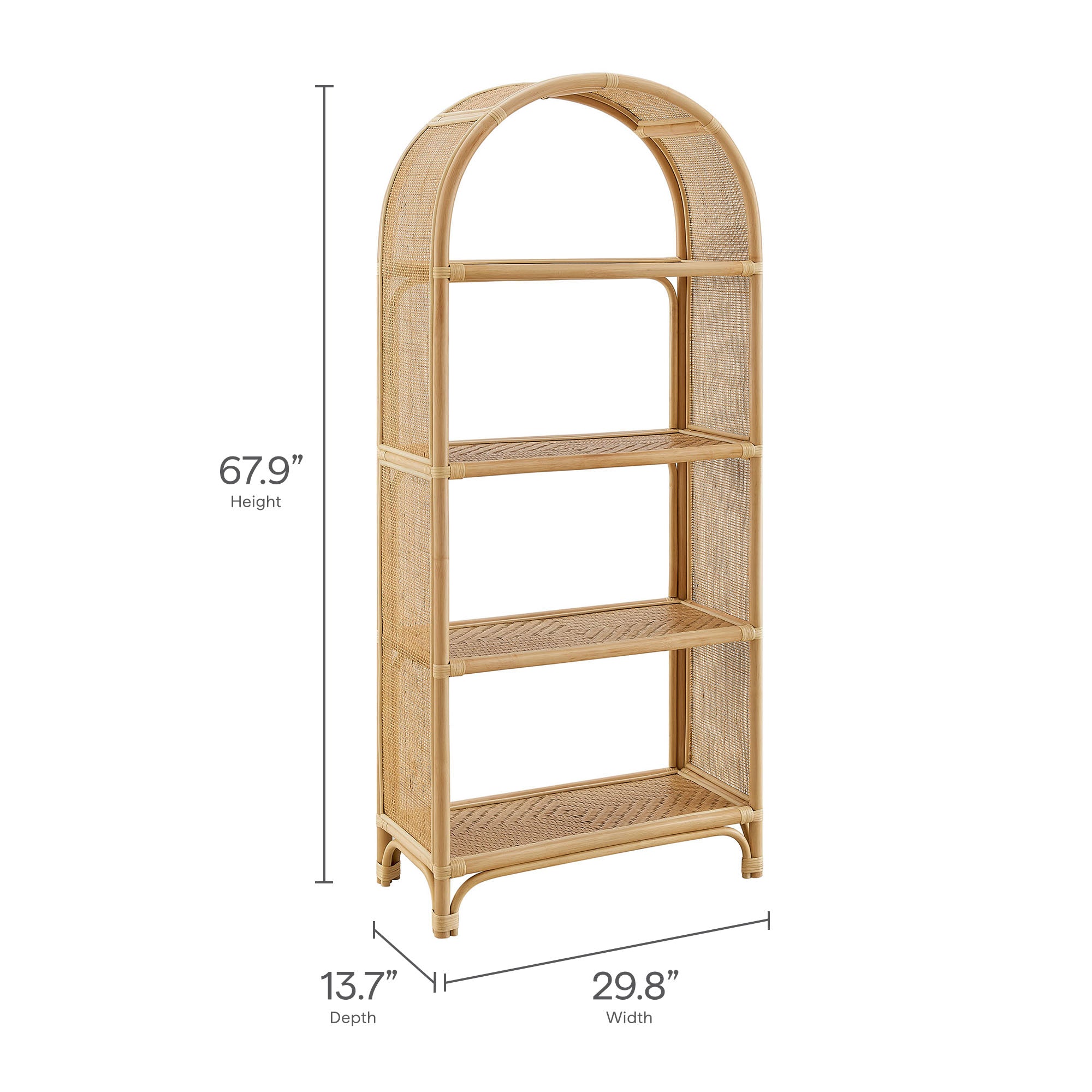 Celeste 67 Inch Tall Arched Natural Rattan Bookshelf, Natural