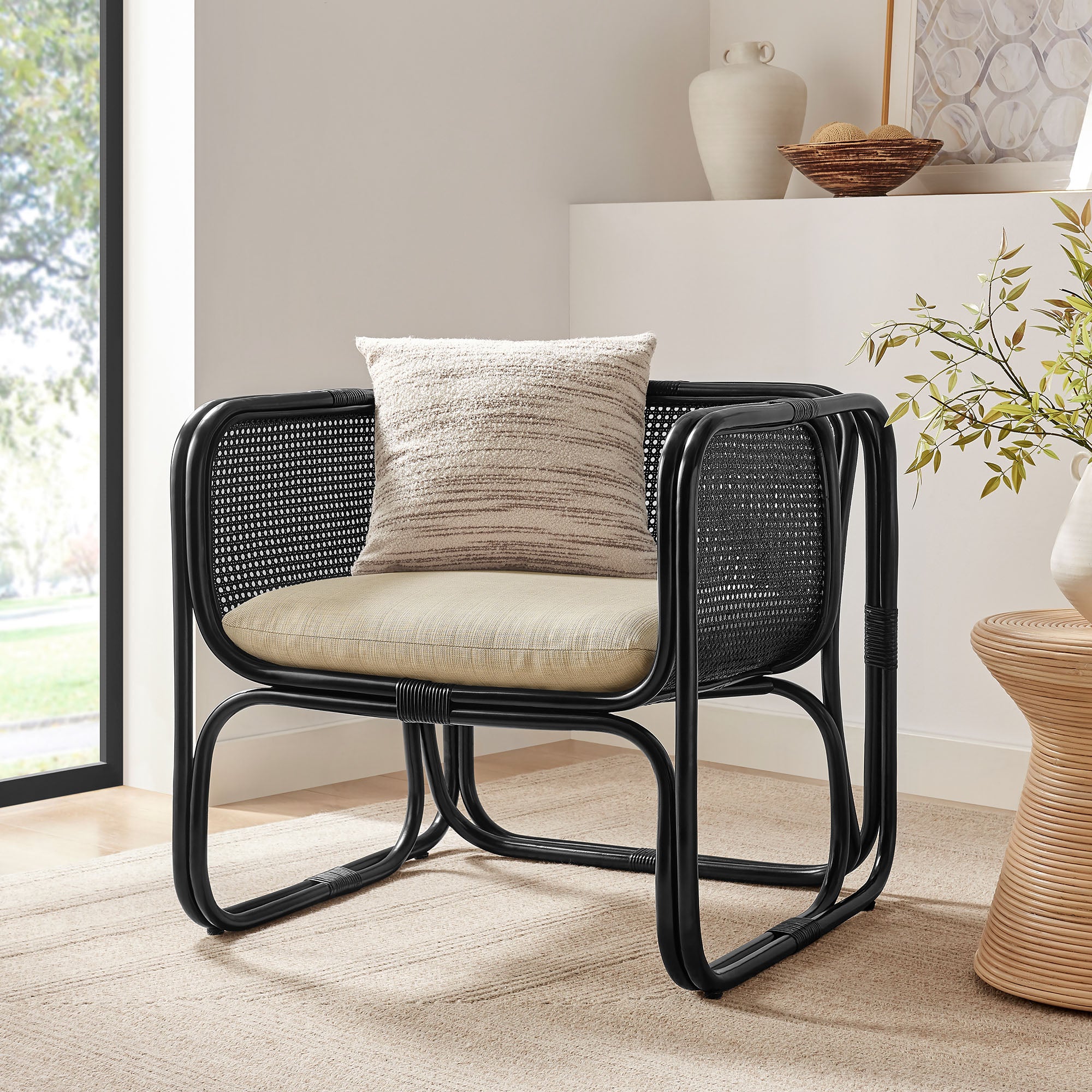Ellis Natural Rattan Accent Armchair, Black