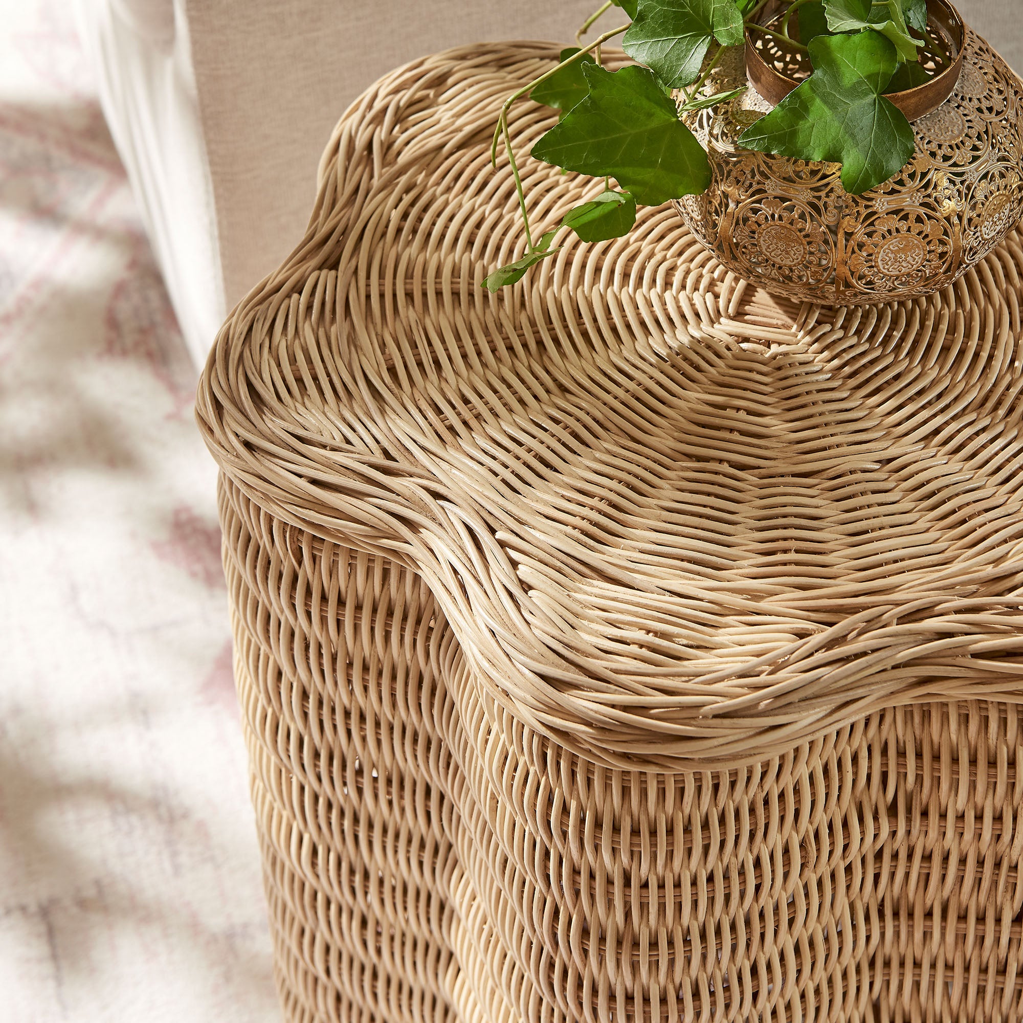 Erika Scalloped Natural Rattan Side Table, Natural