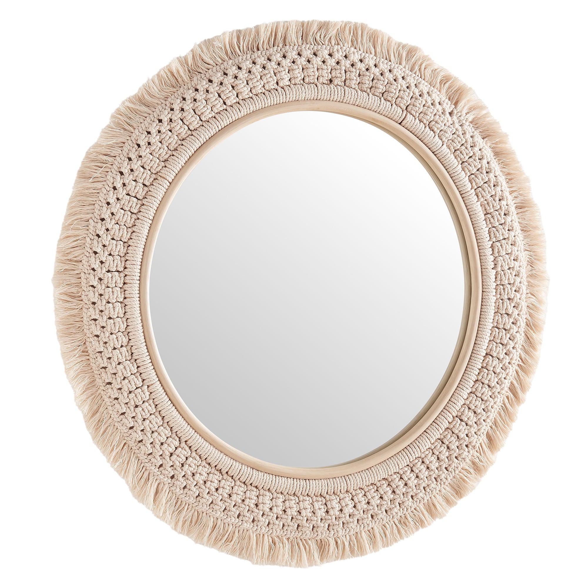 Jade Round Rattan Macrame Wall Mirror, Natural