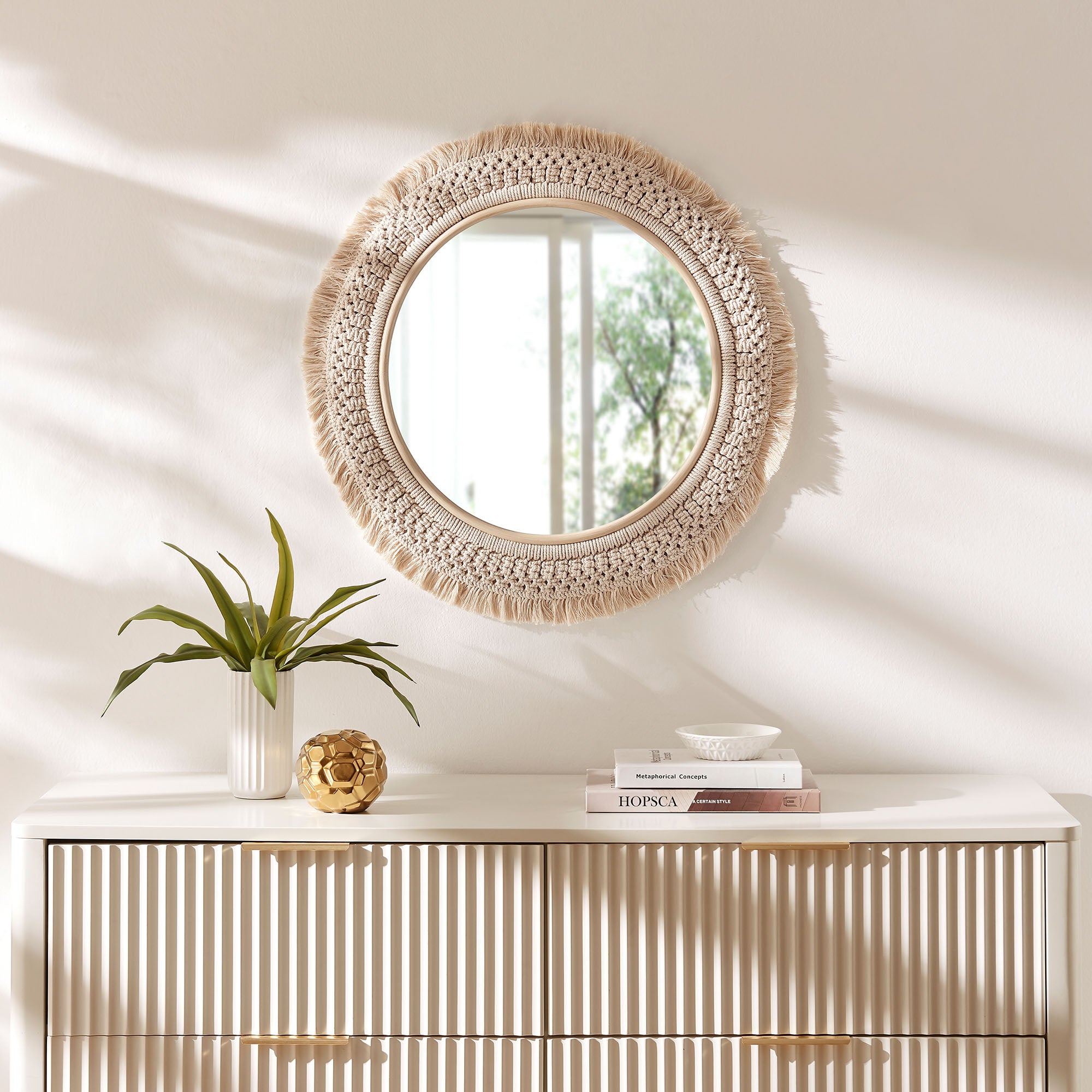 Jade Round Rattan Macrame Wall Mirror, Natural