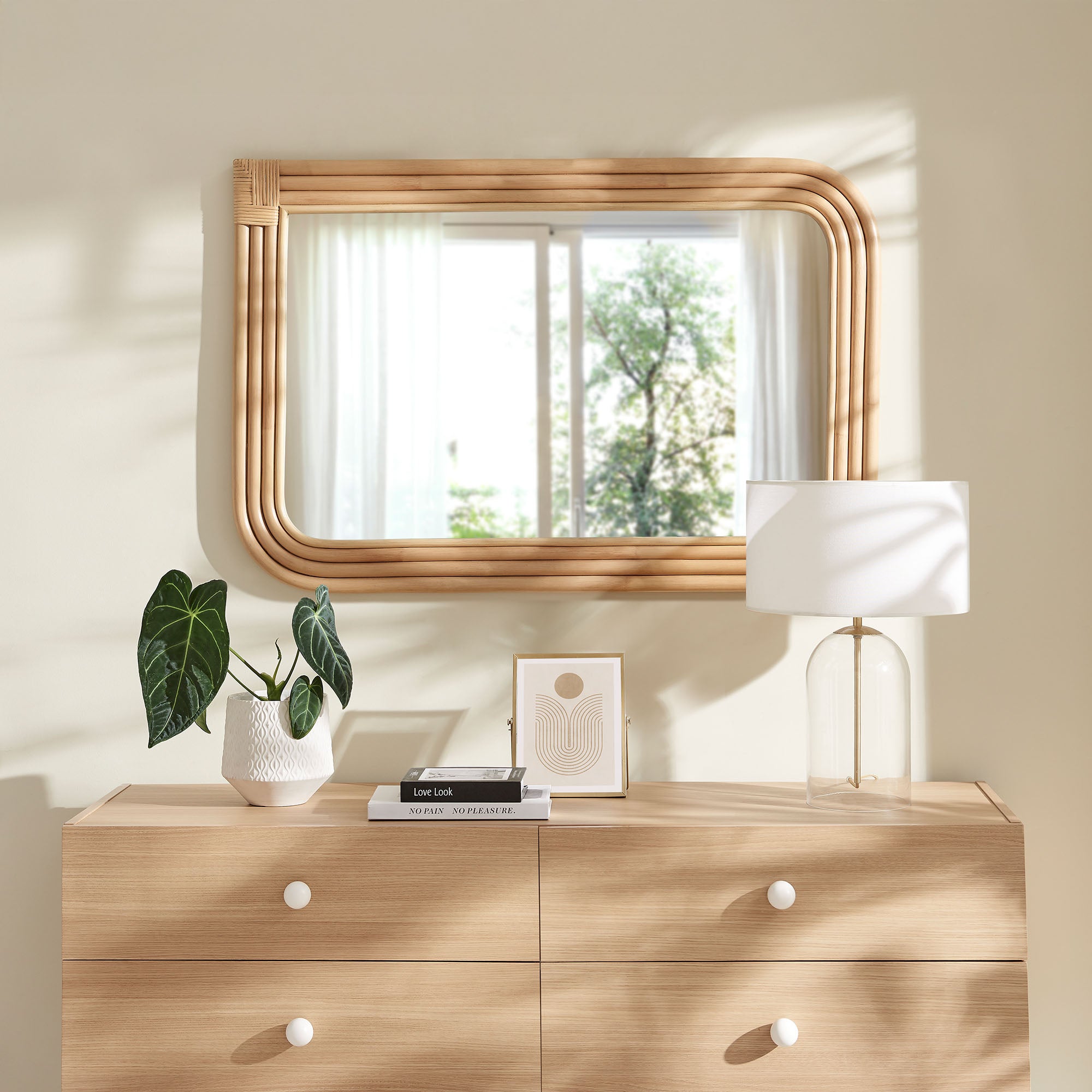 Corsica Curved Rectangle Rattan Wall Mirror, Natural