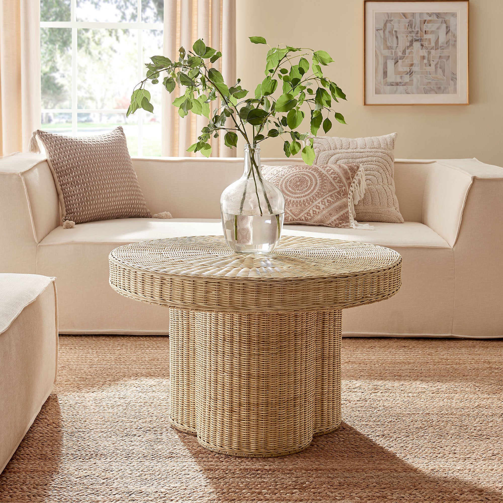 Ainsley 32 Inch Round Natural Rattan Coffee Table, Natural