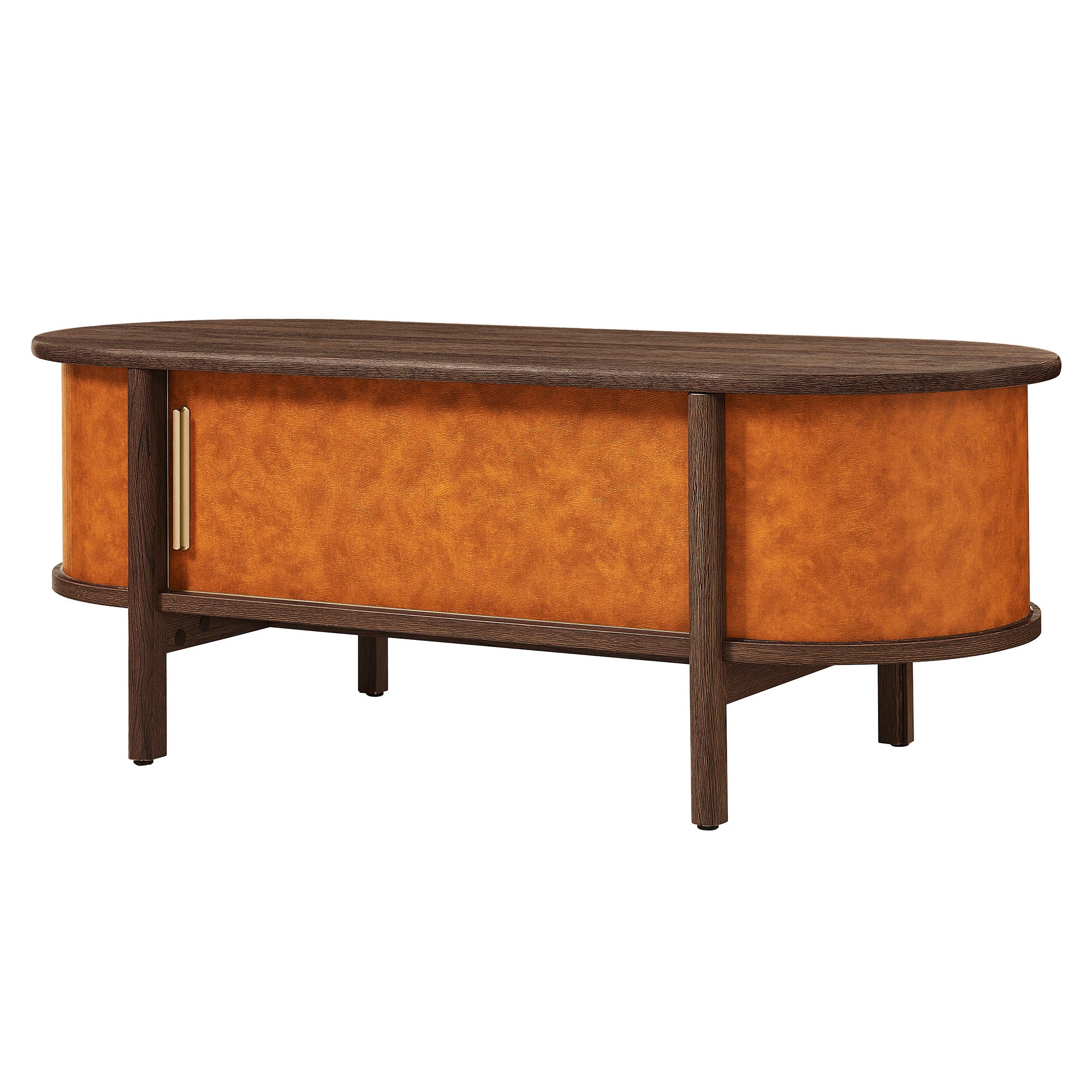 Coralie Curved Vegan Leather Oval Coffee Table, Walnut Tan