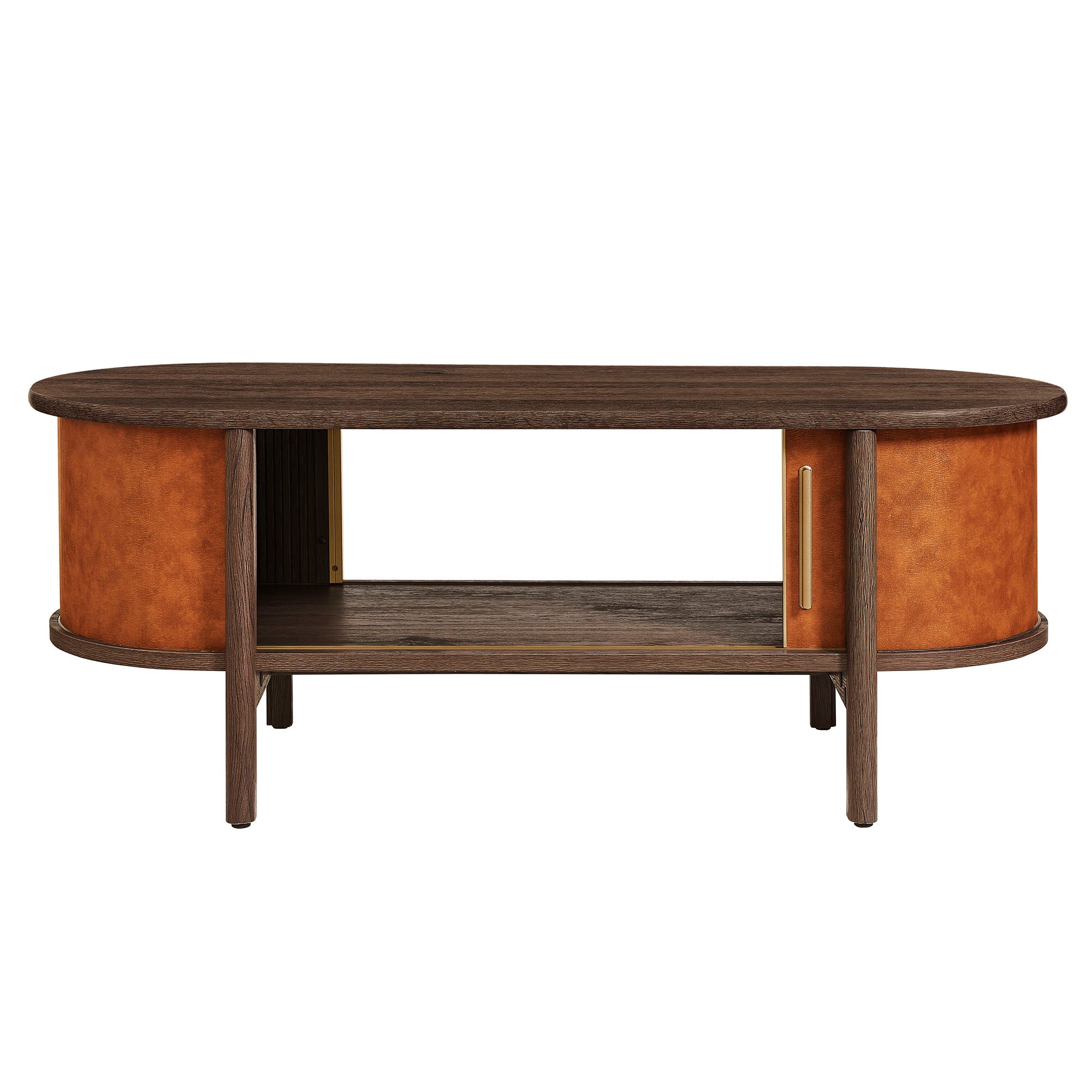 Coralie Curved Vegan Leather Oval Coffee Table, Walnut Tan