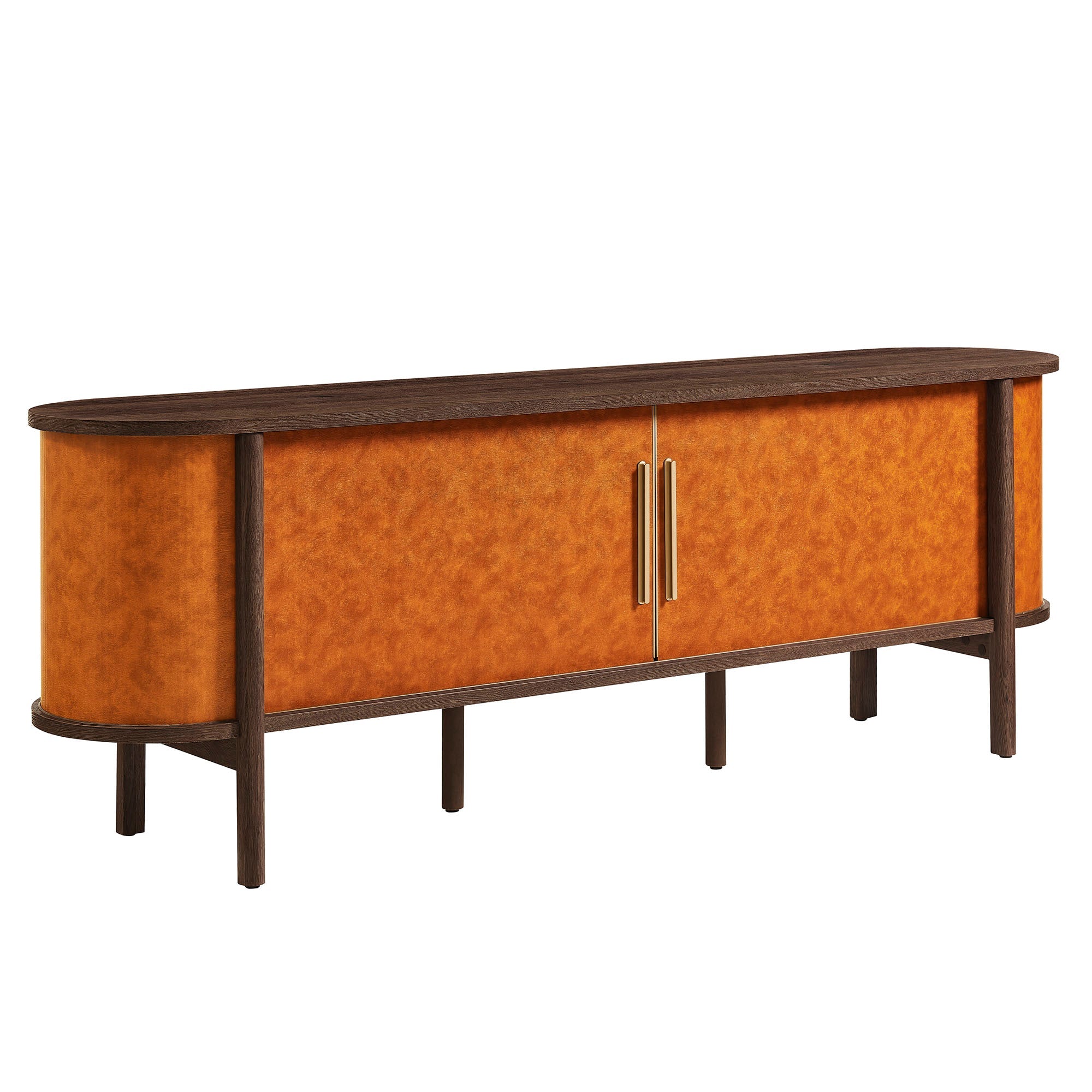 Coralie Curved 71" Vegan Leather Oval TV Stand, Walnut Tan