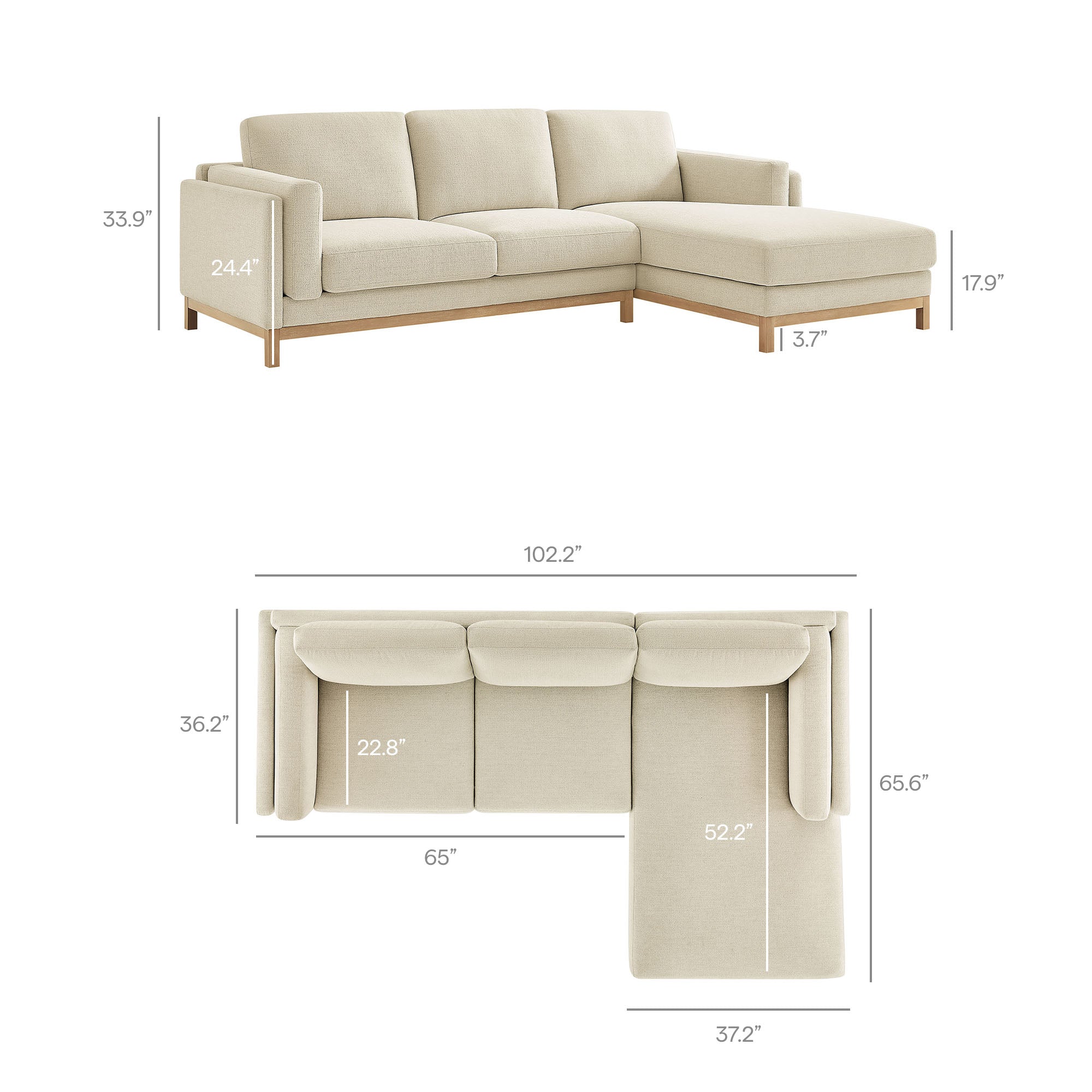 Roscoe Right-Facing Fabric Sectional Sofa with Chaise, Ivory
