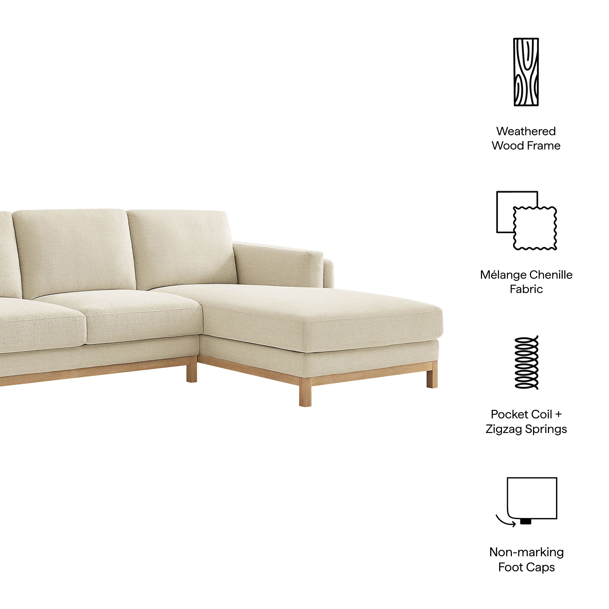 Roscoe Right-Facing Fabric Sectional Sofa with Chaise, Ivory