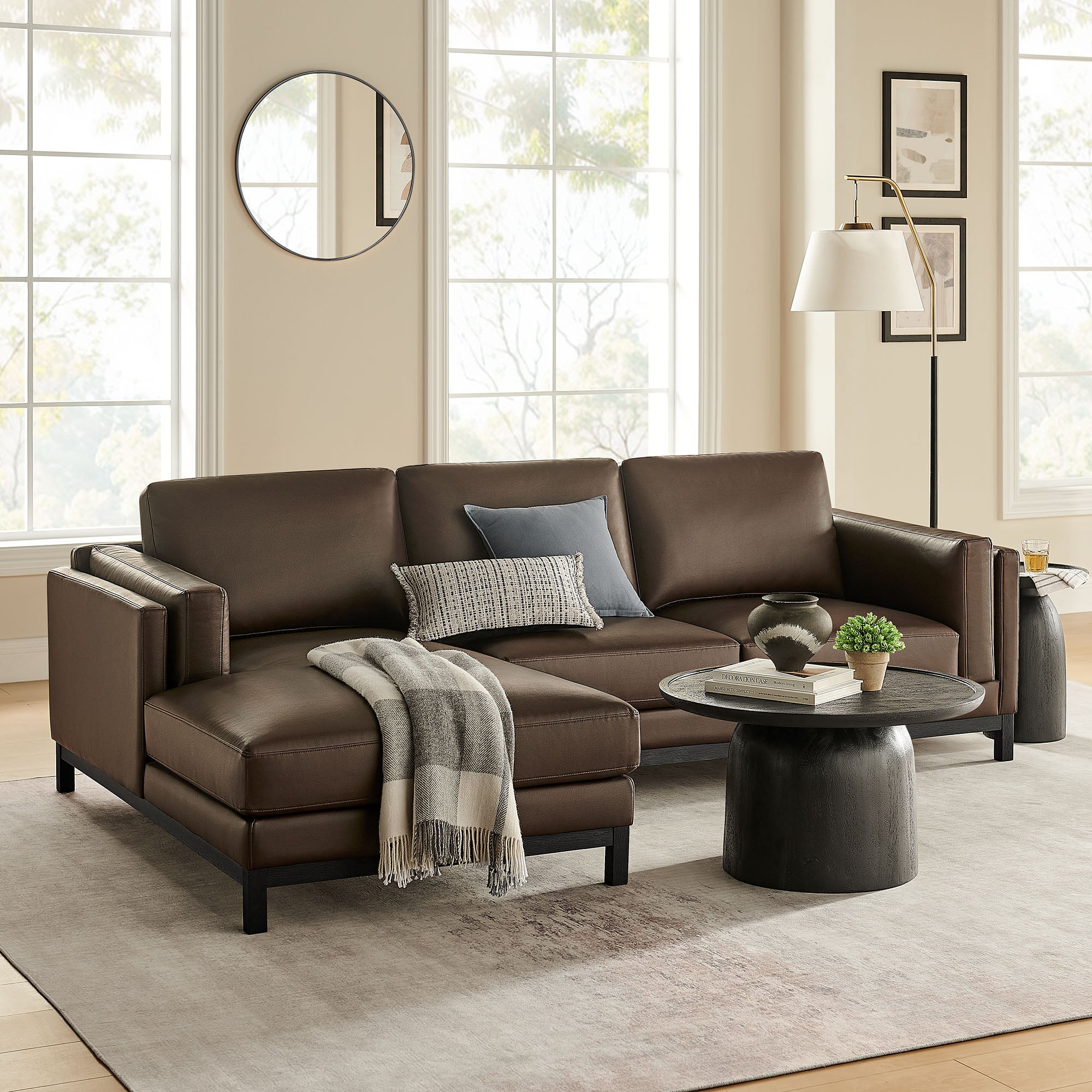 Roscoe Left-Facing Vegan Leather Sectional Sofa with Chaise, Espresso