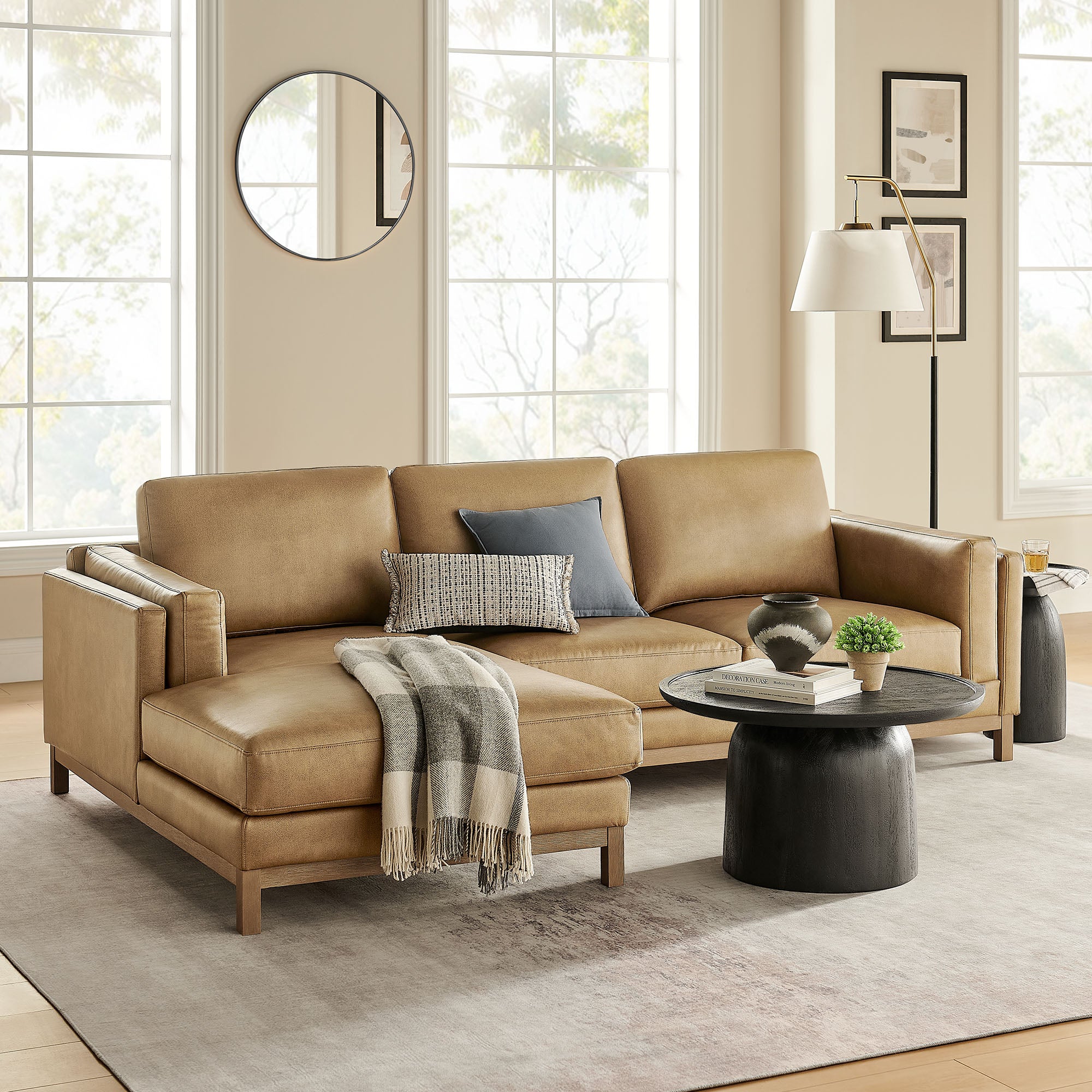 Roscoe Left-Facing Vegan Leather Sectional Sofa with Chaise, Toast