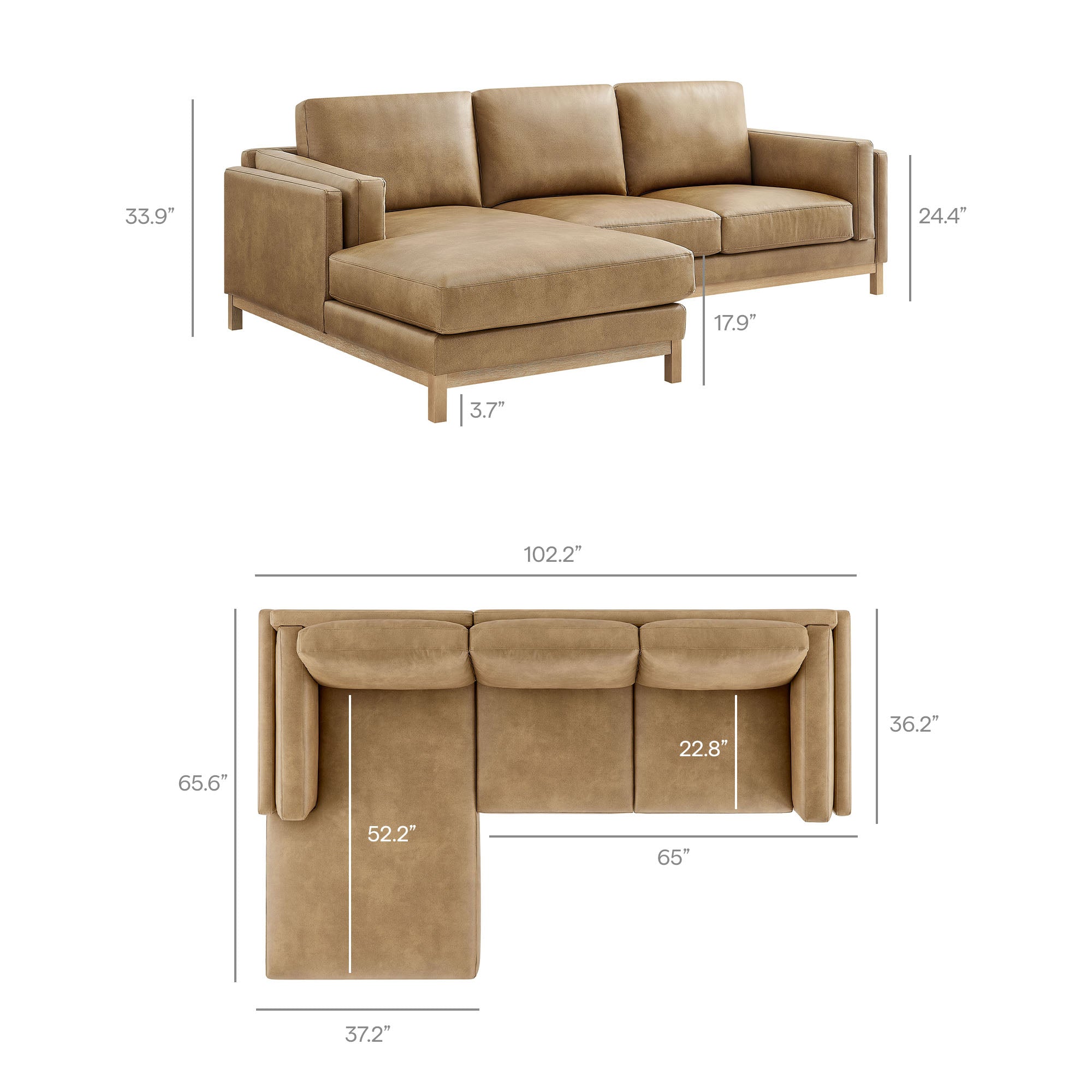 Roscoe Left-Facing Vegan Leather Sectional Sofa with Chaise, Toast