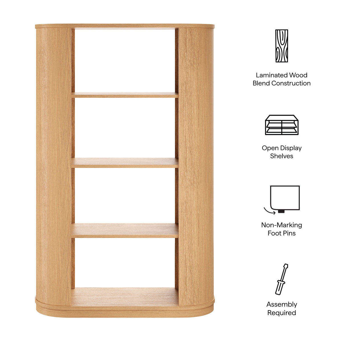 Aspect 74 Inch Curved 4 Tier Bookshelf, Natural