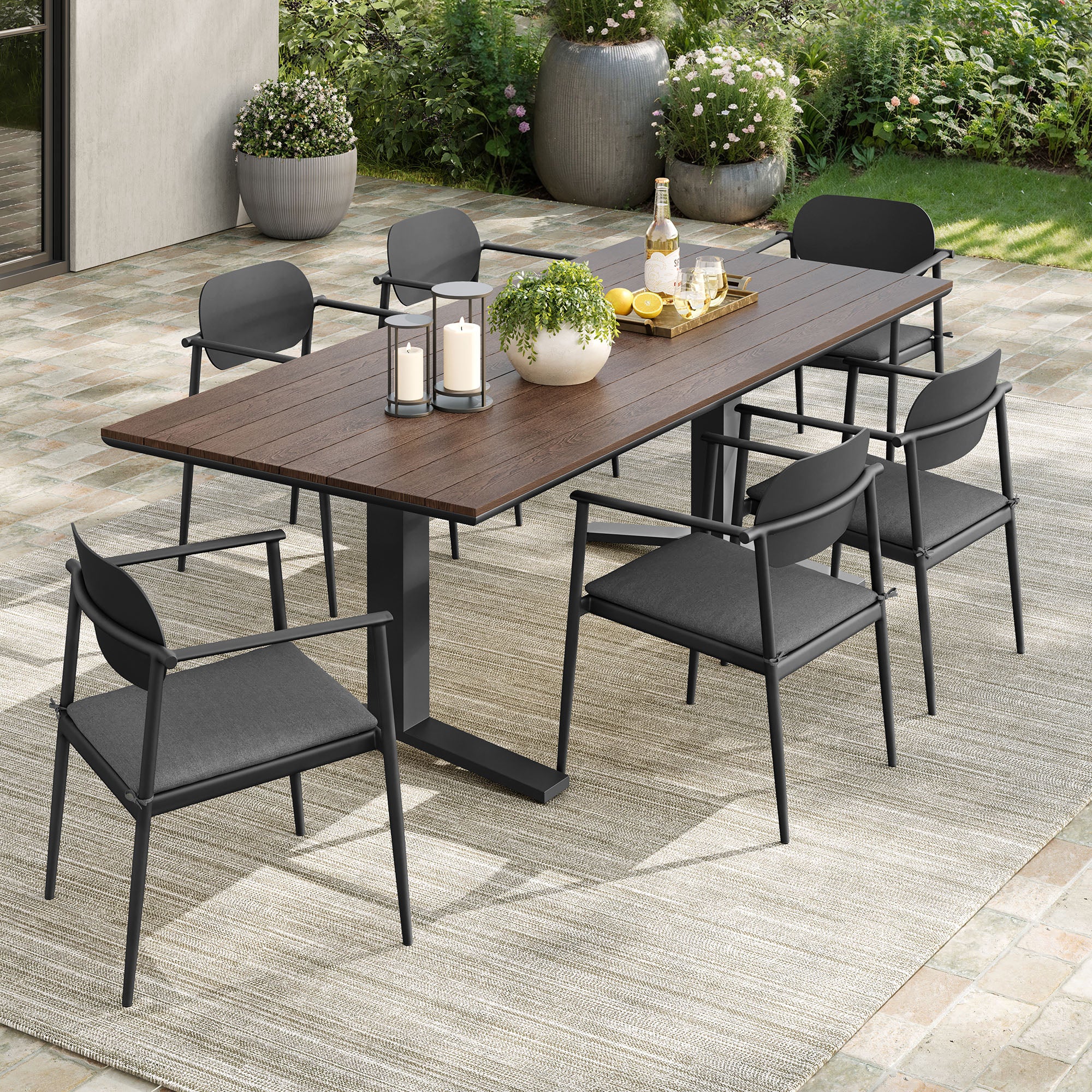 Aeris 7-Piece Outdoor Patio Aluminum Dining Set, Charcoal