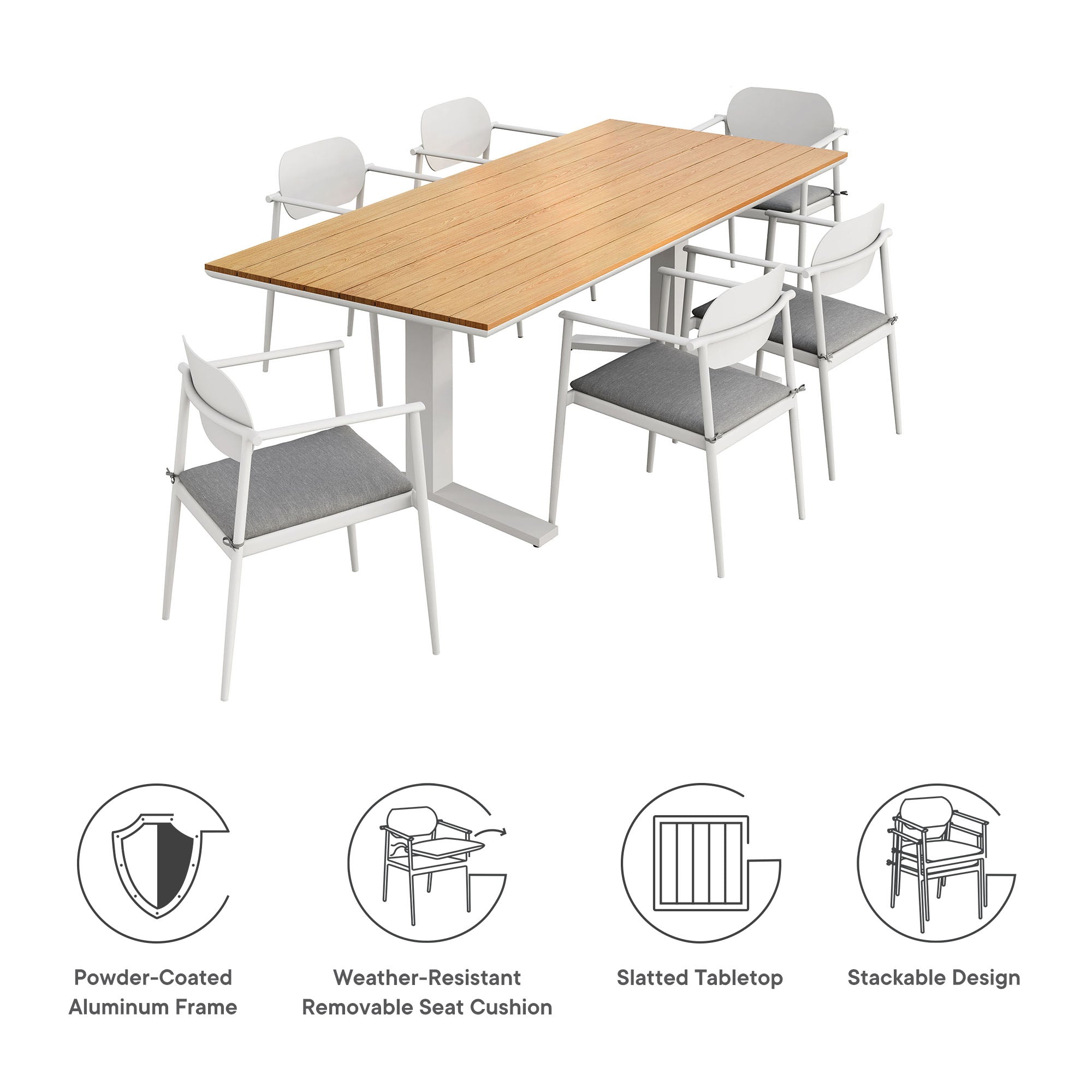 Aeris 7-Piece Outdoor Patio Aluminum Dining Set, White Light Gray