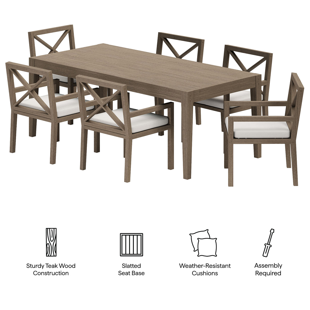 Northlake 7-Piece Outdoor Patio Teak Wood Dining Set, Weathered Gray