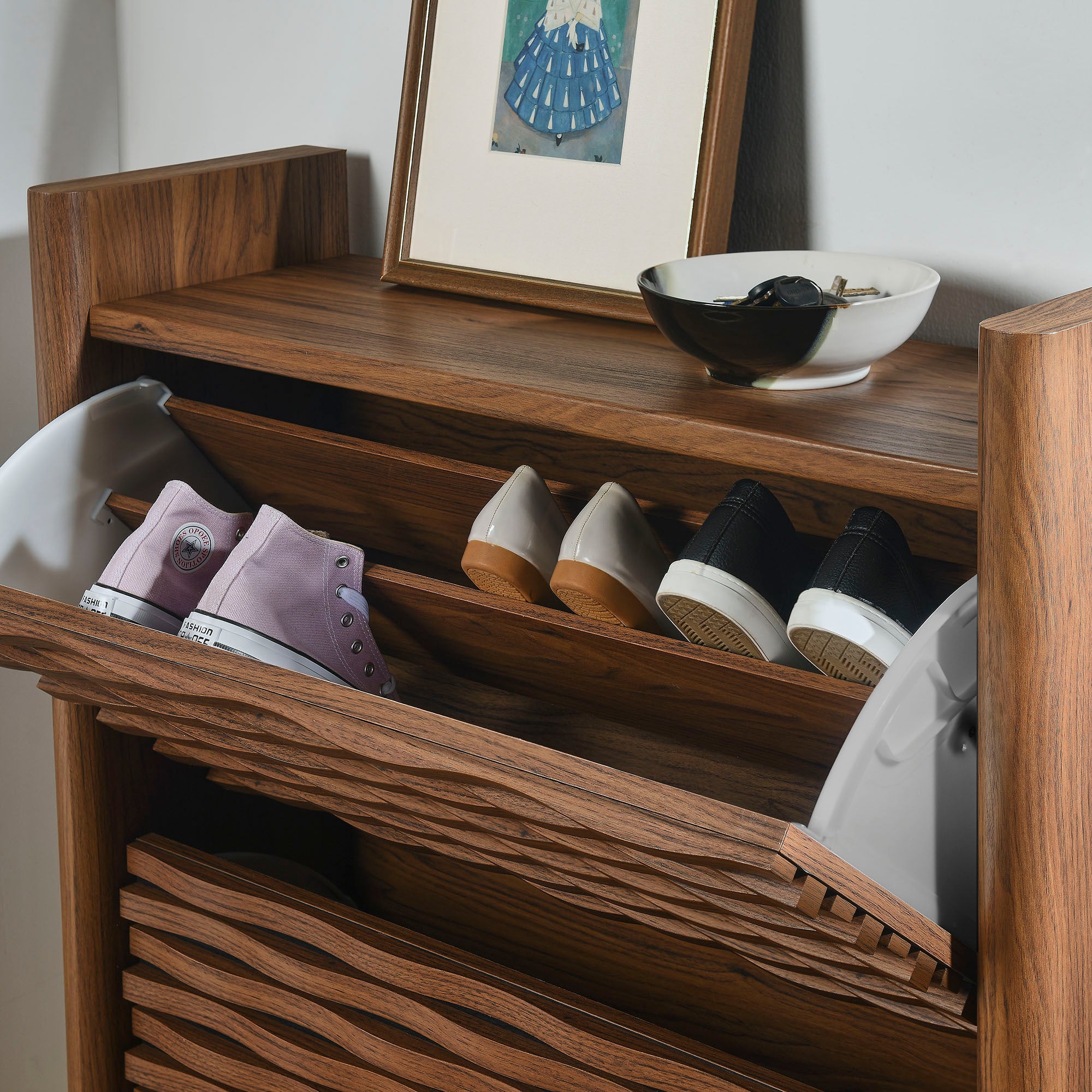 Emric Wave Shoe Cabinet, Walnut