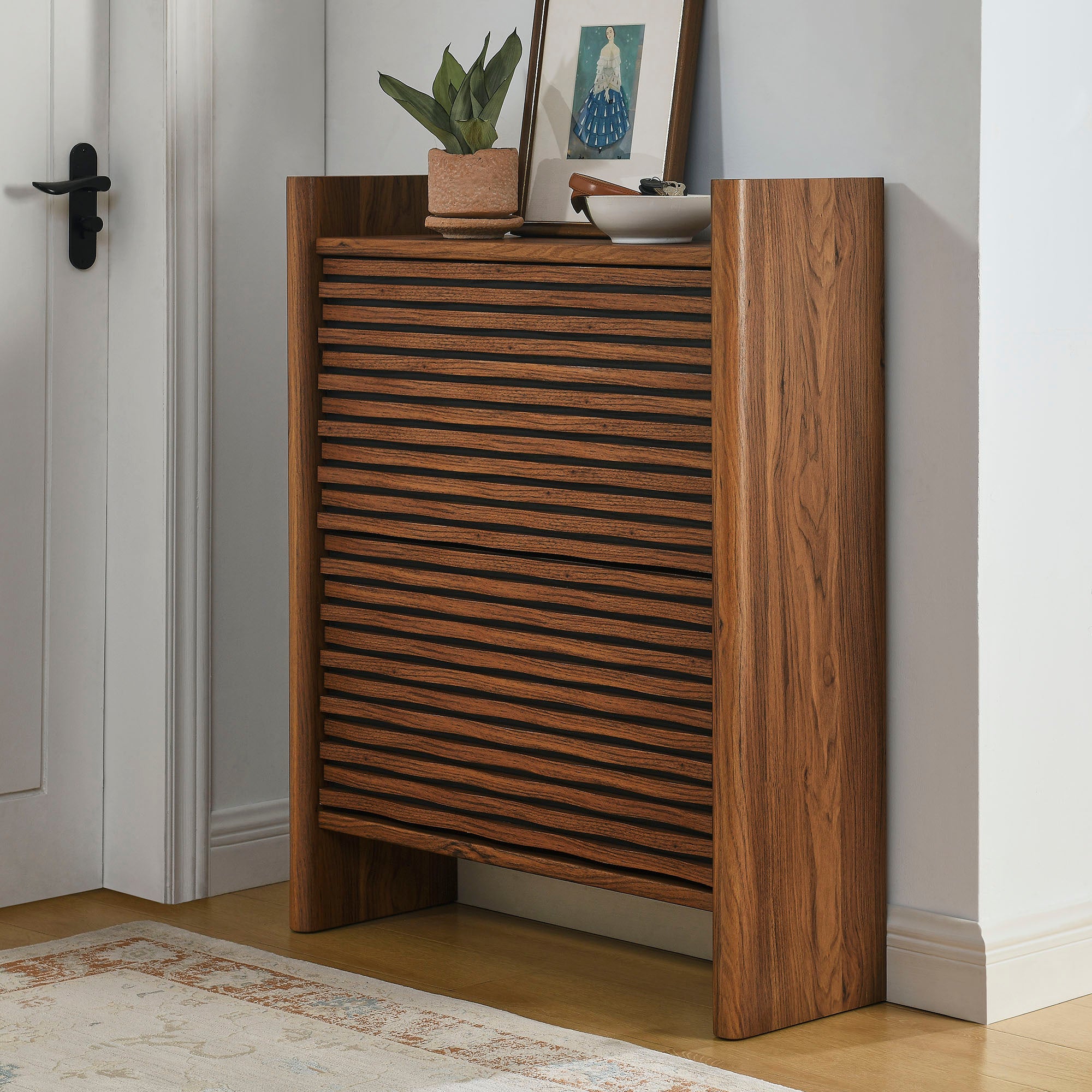 Emric Wave Shoe Cabinet, Walnut
