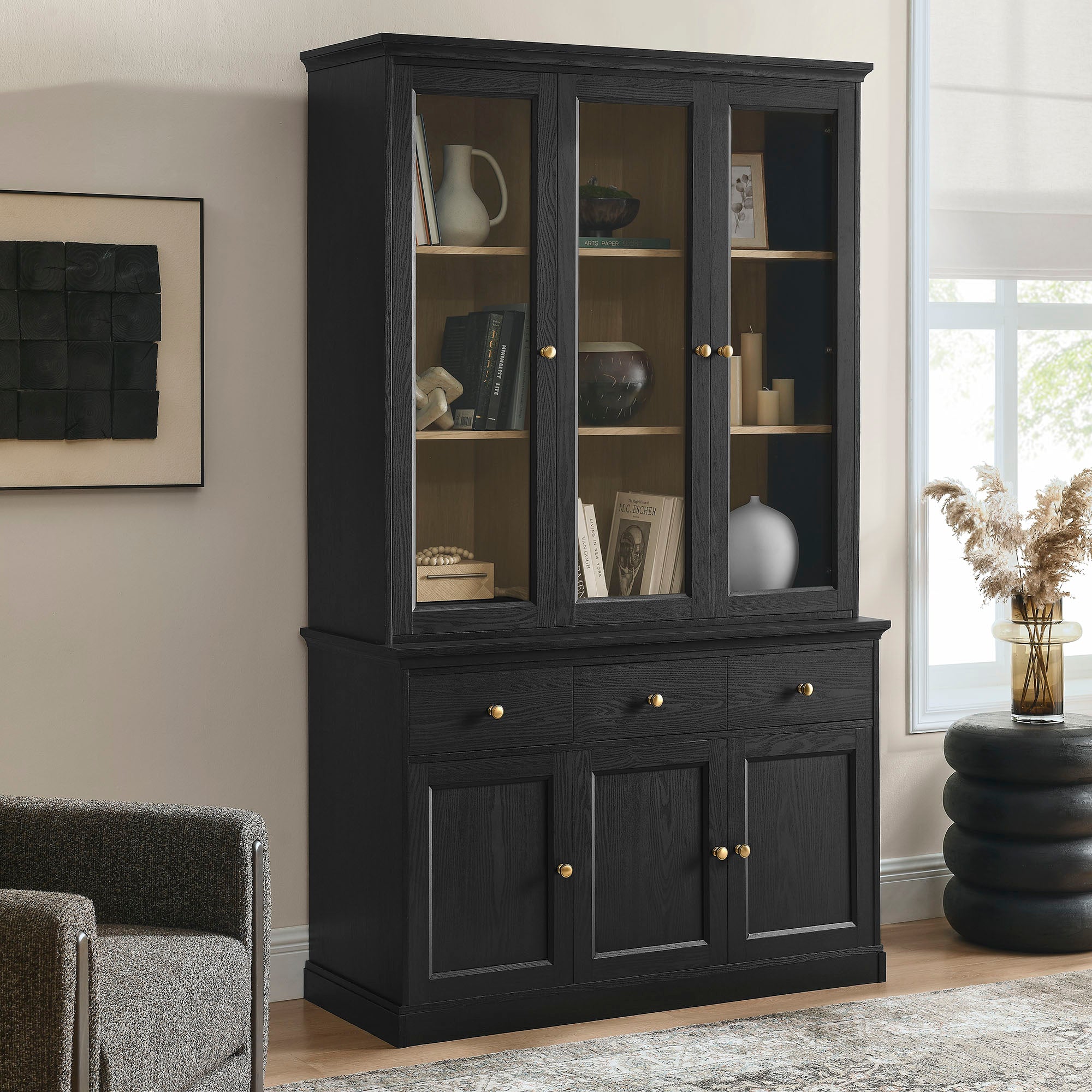 Amara 79 Inch Large Storage Display Cabinet, Black Oak