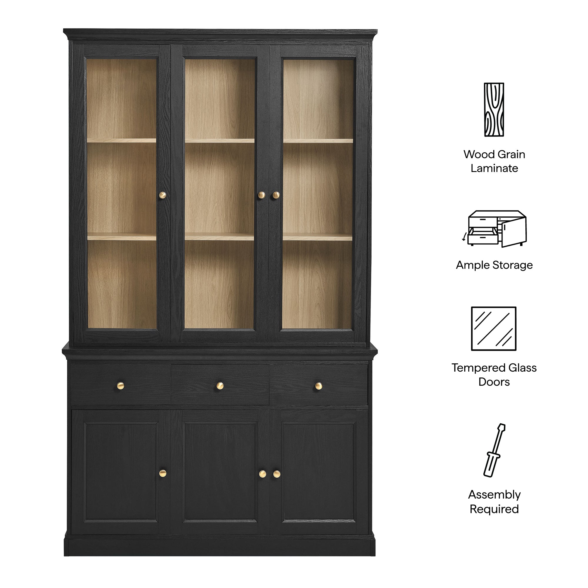 Amara 79 Inch Large Storage Display Cabinet, Black Oak