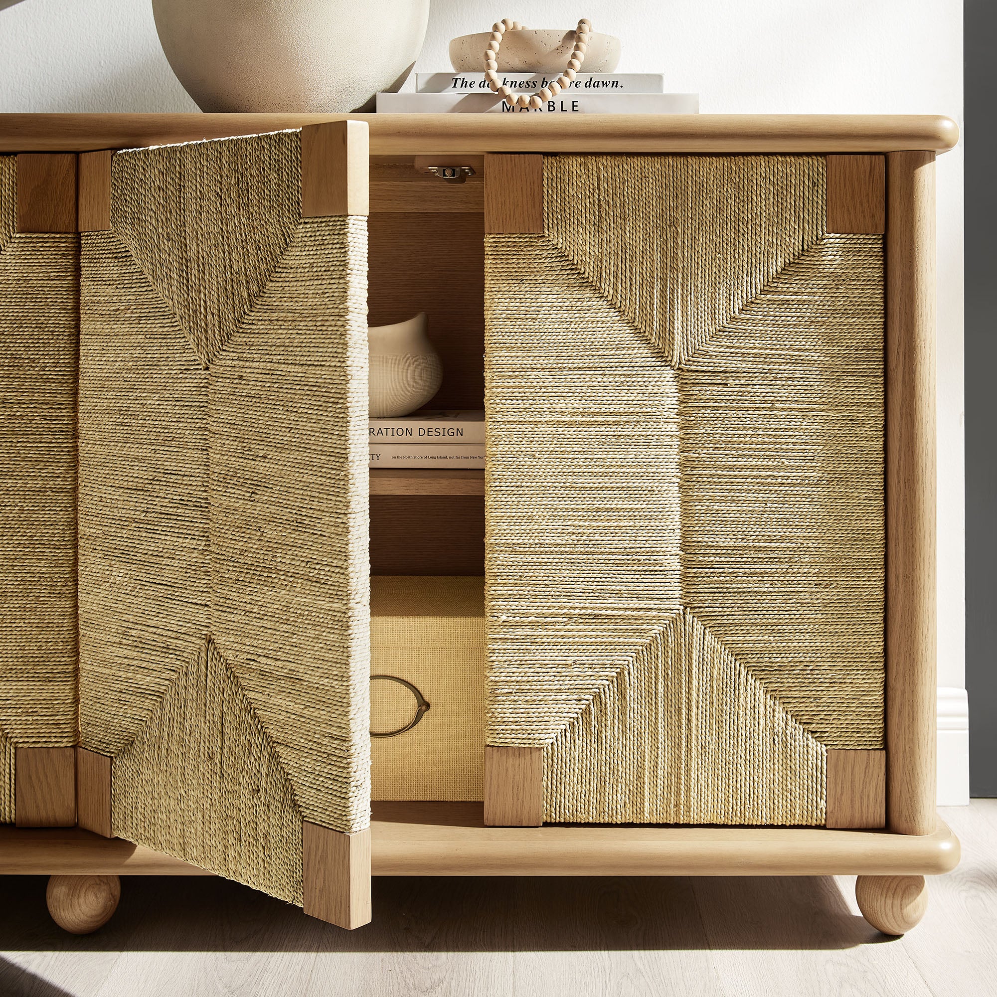 Marola 71 Inch Oak Wood Seagrass Sideboard, Oak