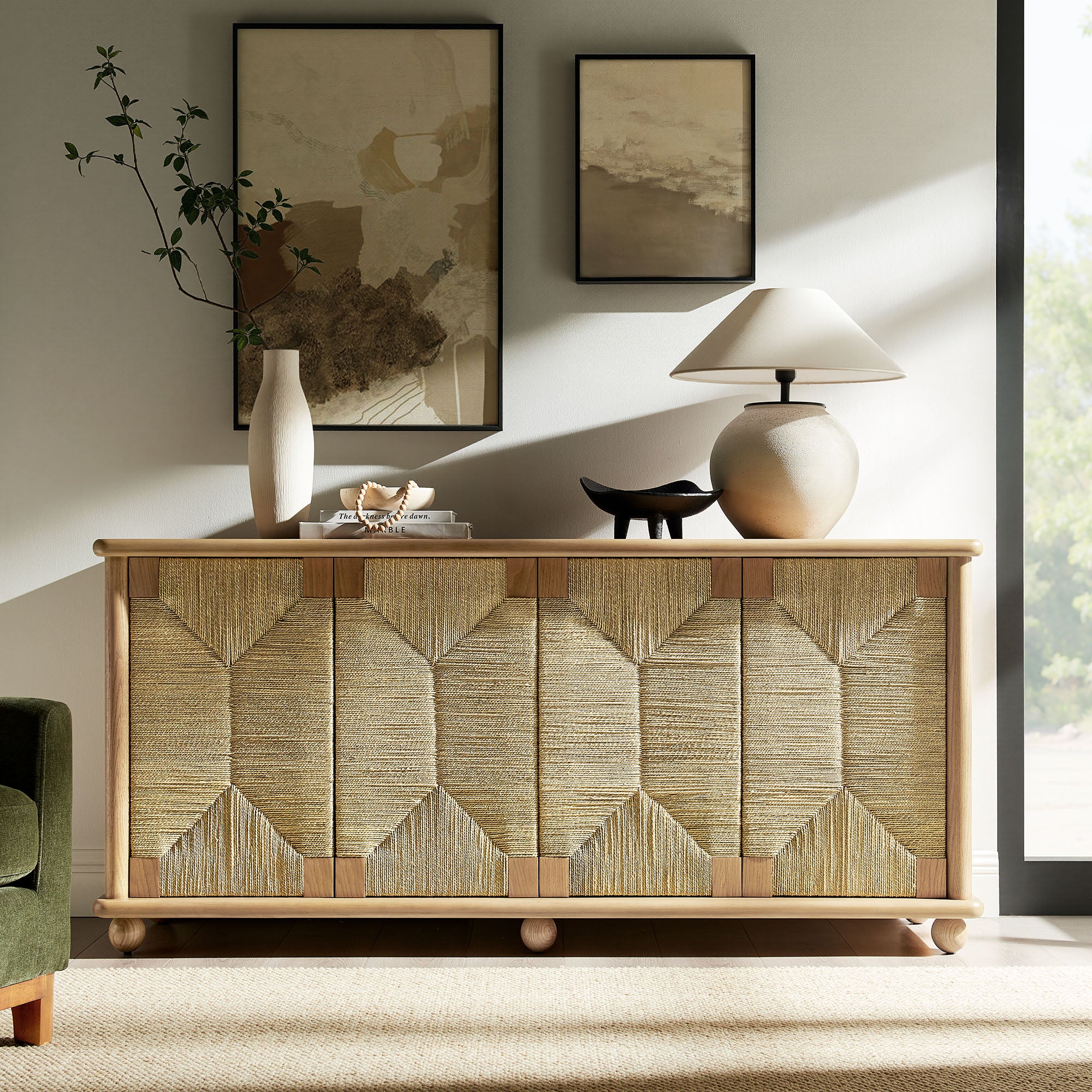 Marola 71 Inch Oak Wood Seagrass Sideboard, Oak
