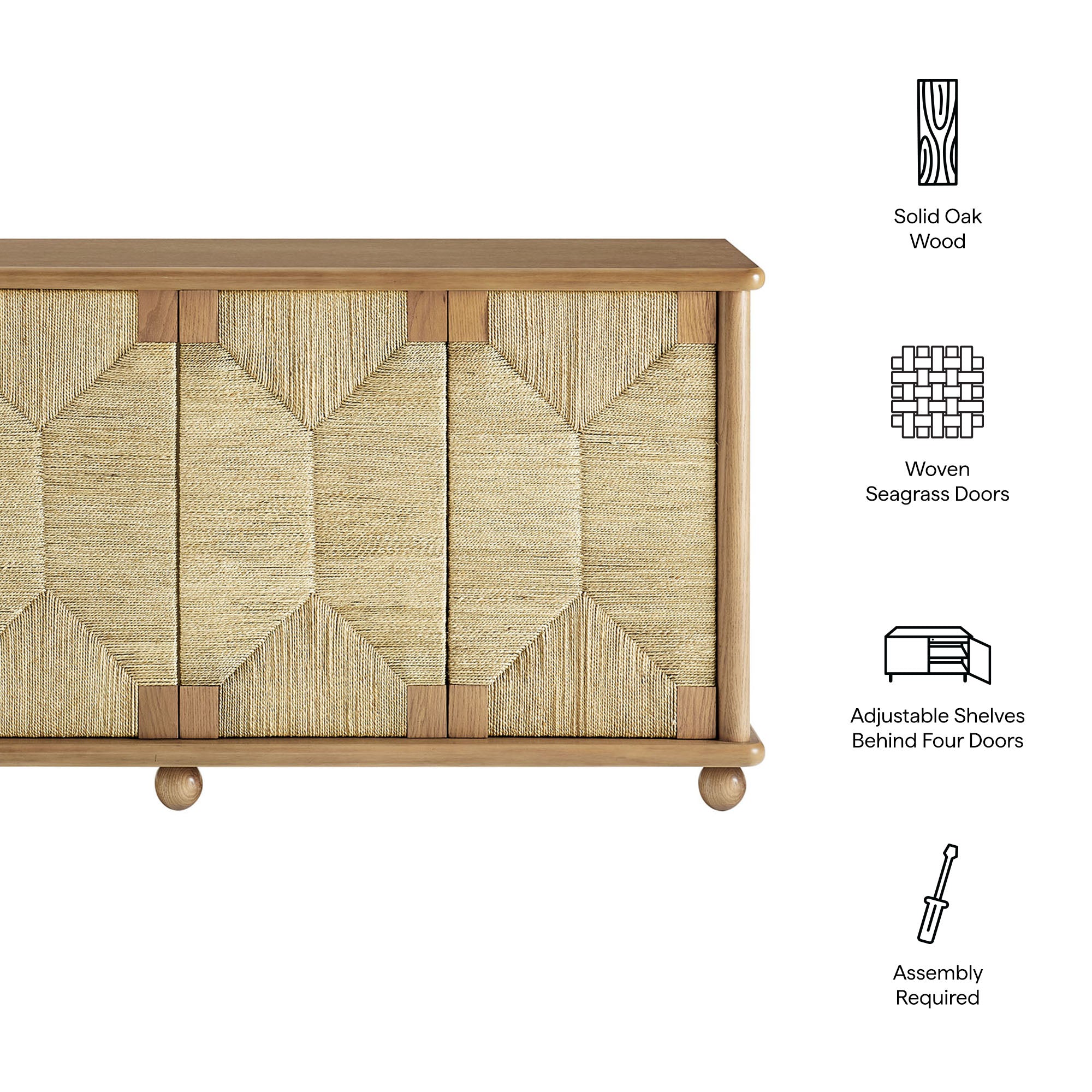 Marola 71 Inch Oak Wood Seagrass Sideboard, Oak