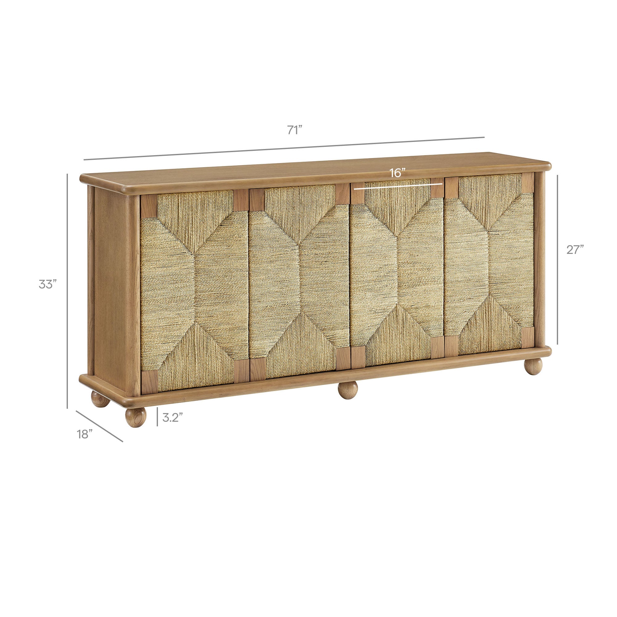 Marola 71 Inch Oak Wood Seagrass Sideboard, Oak