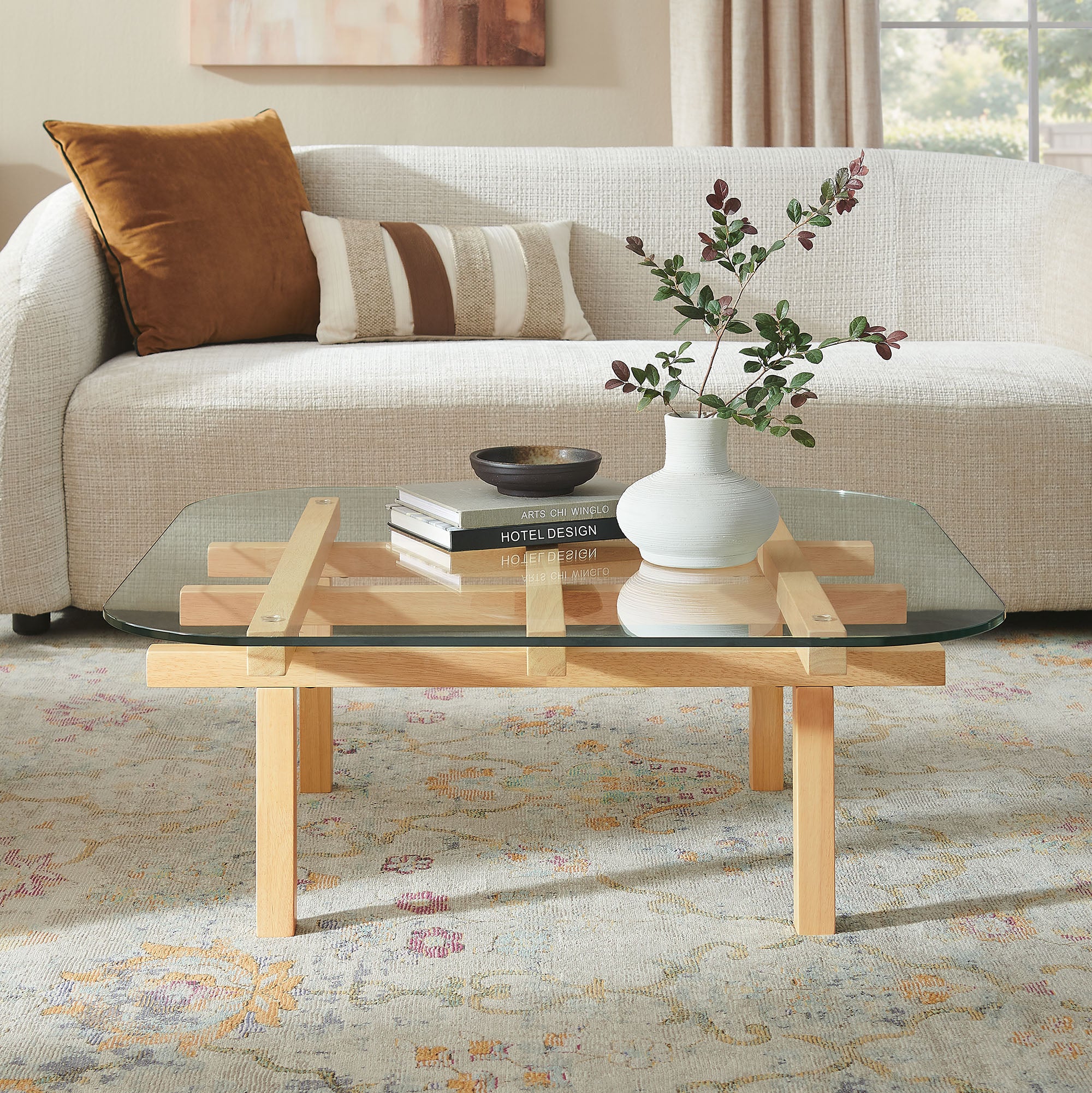 Isby 35 Inch Tempered Glass Coffee Table, Oak