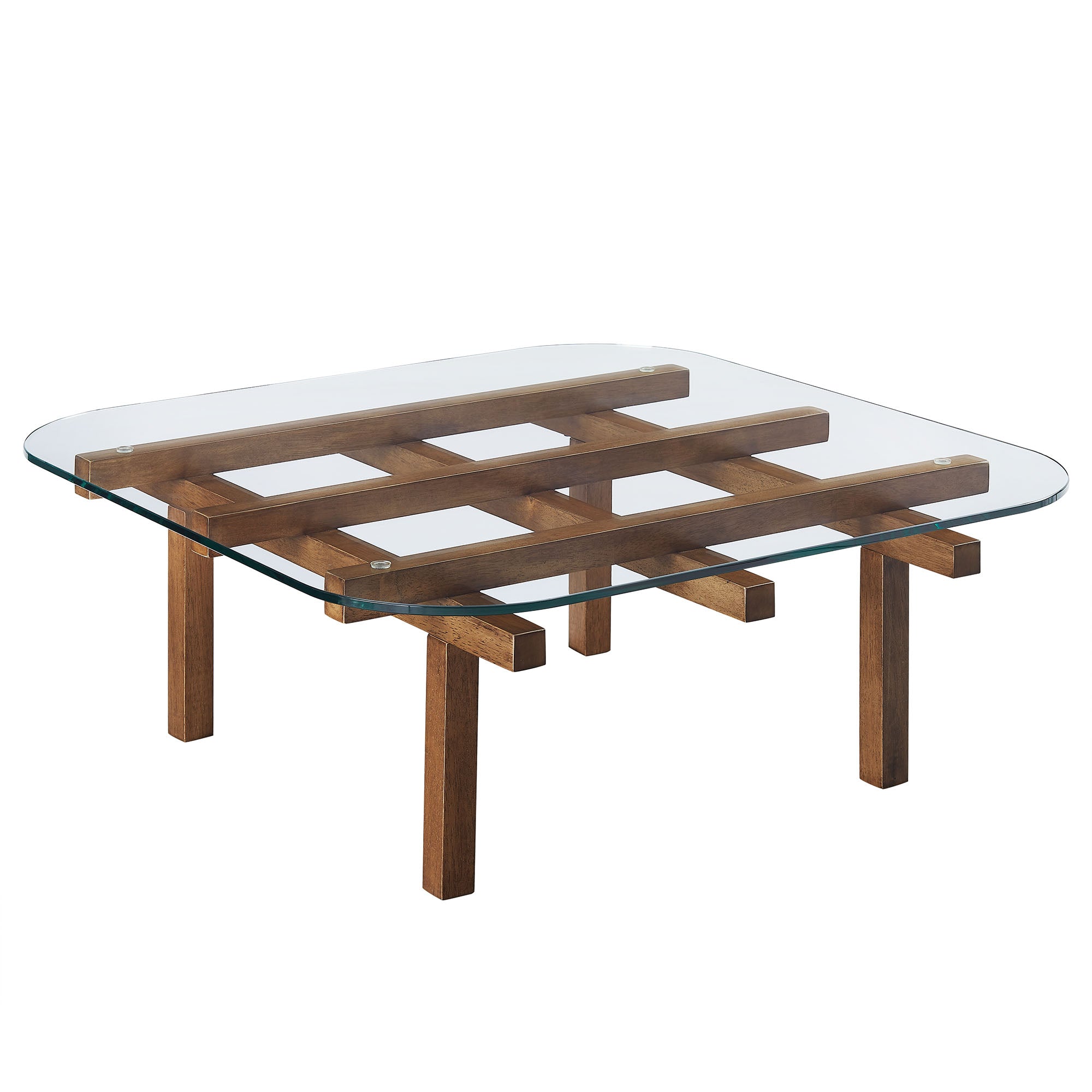 Isby 35 Inch Tempered Glass Coffee Table, Walnut