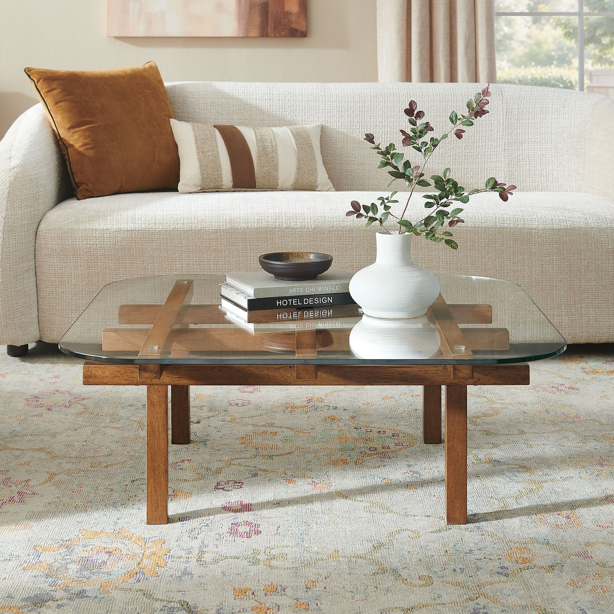 Isby 35 Inch Tempered Glass Coffee Table, Walnut