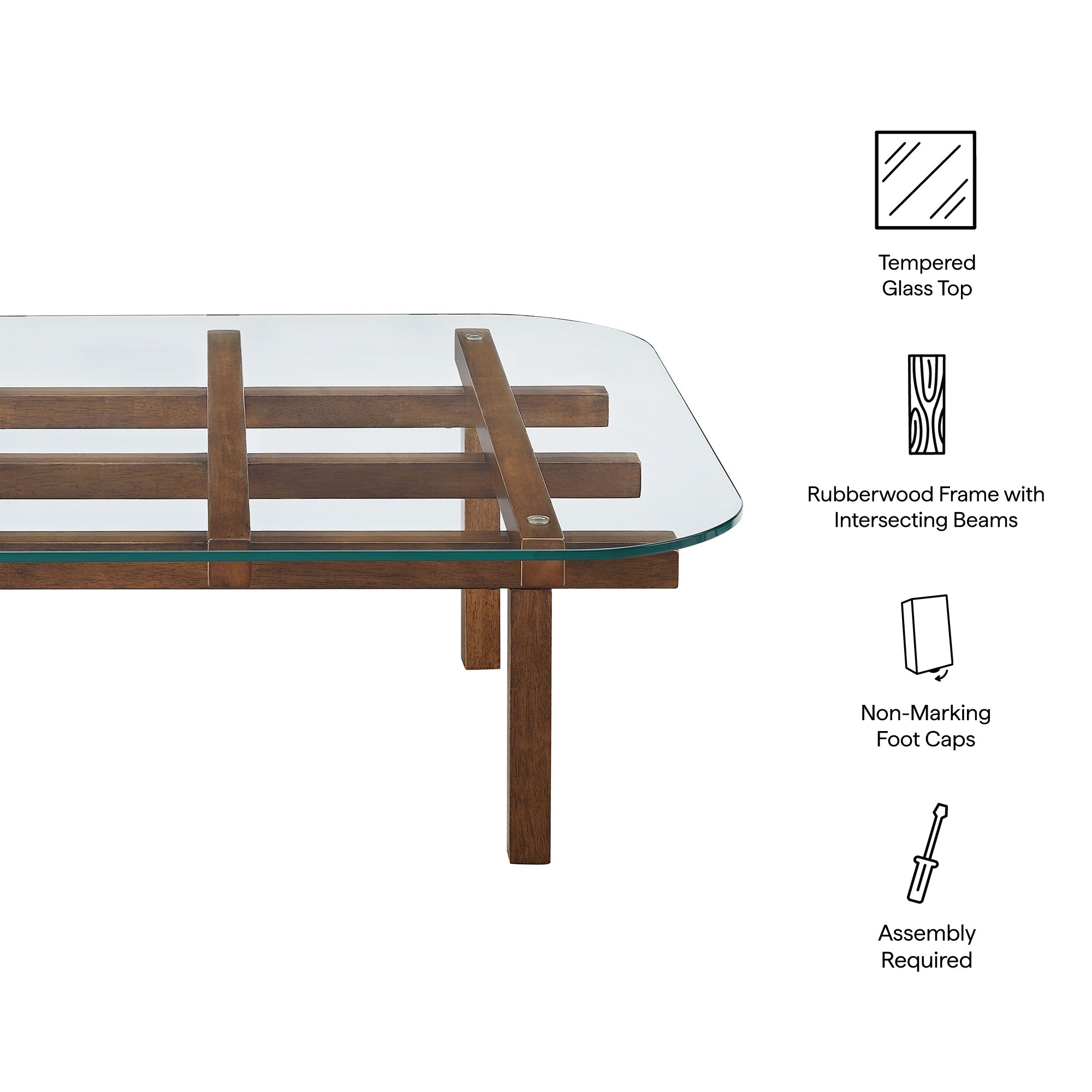 Isby 35 Inch Tempered Glass Coffee Table, Walnut